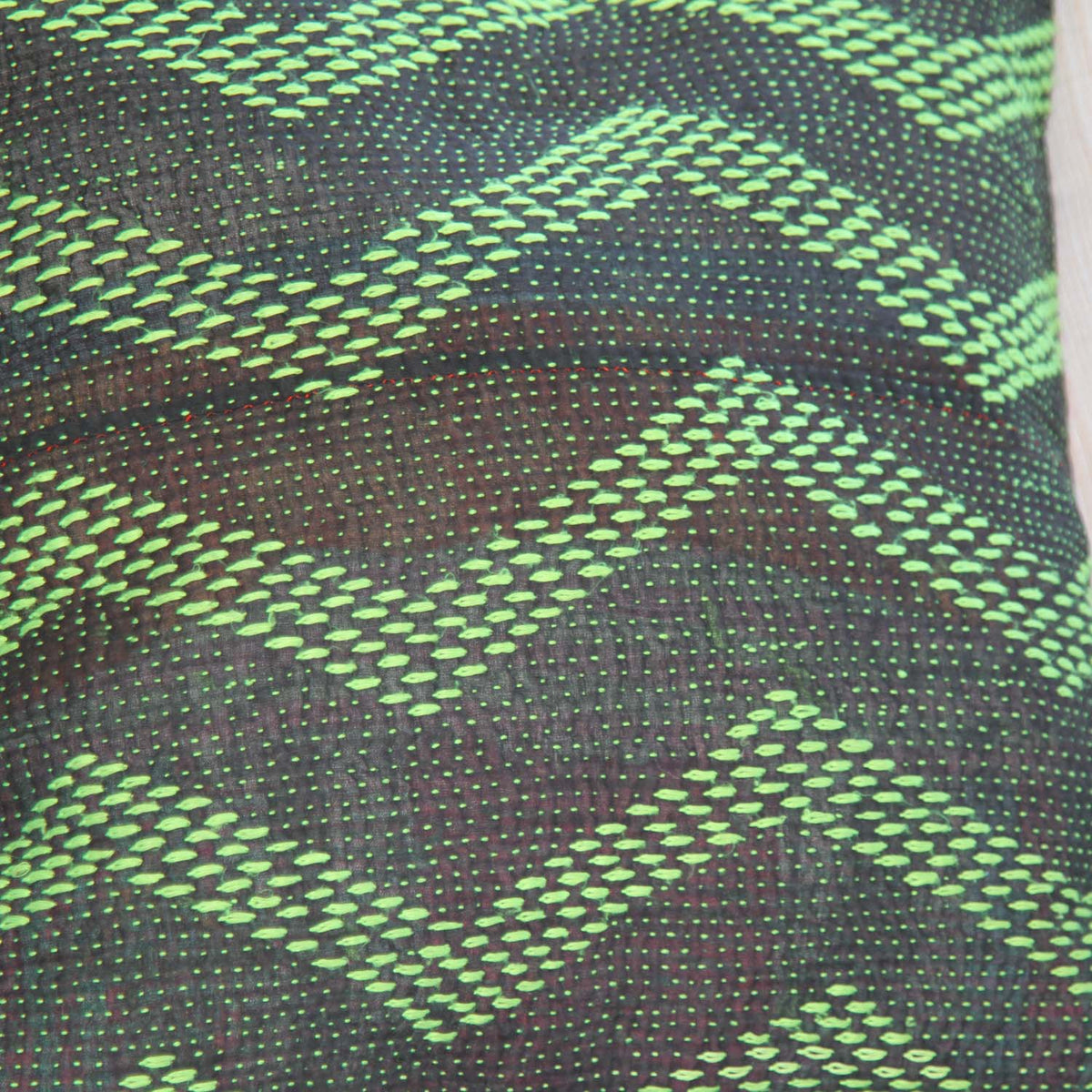 Green & Black Zig-Zag Pattern Kantha Cushion Cover
