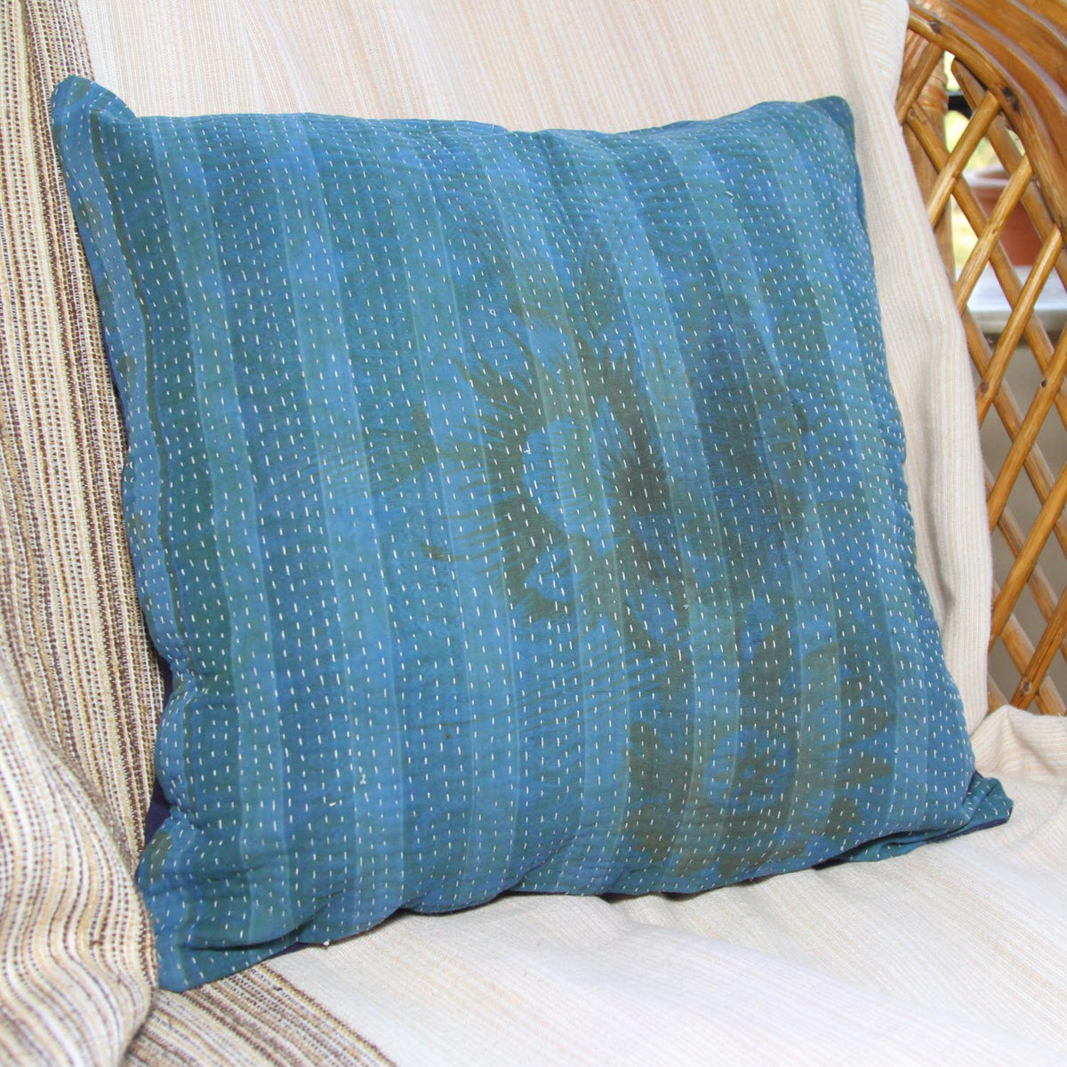 Blue Green Flower Print Kantha Cushion Cover