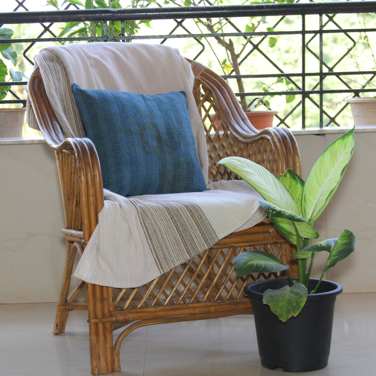 Blue Green Flower Print Kantha Cushion Cover