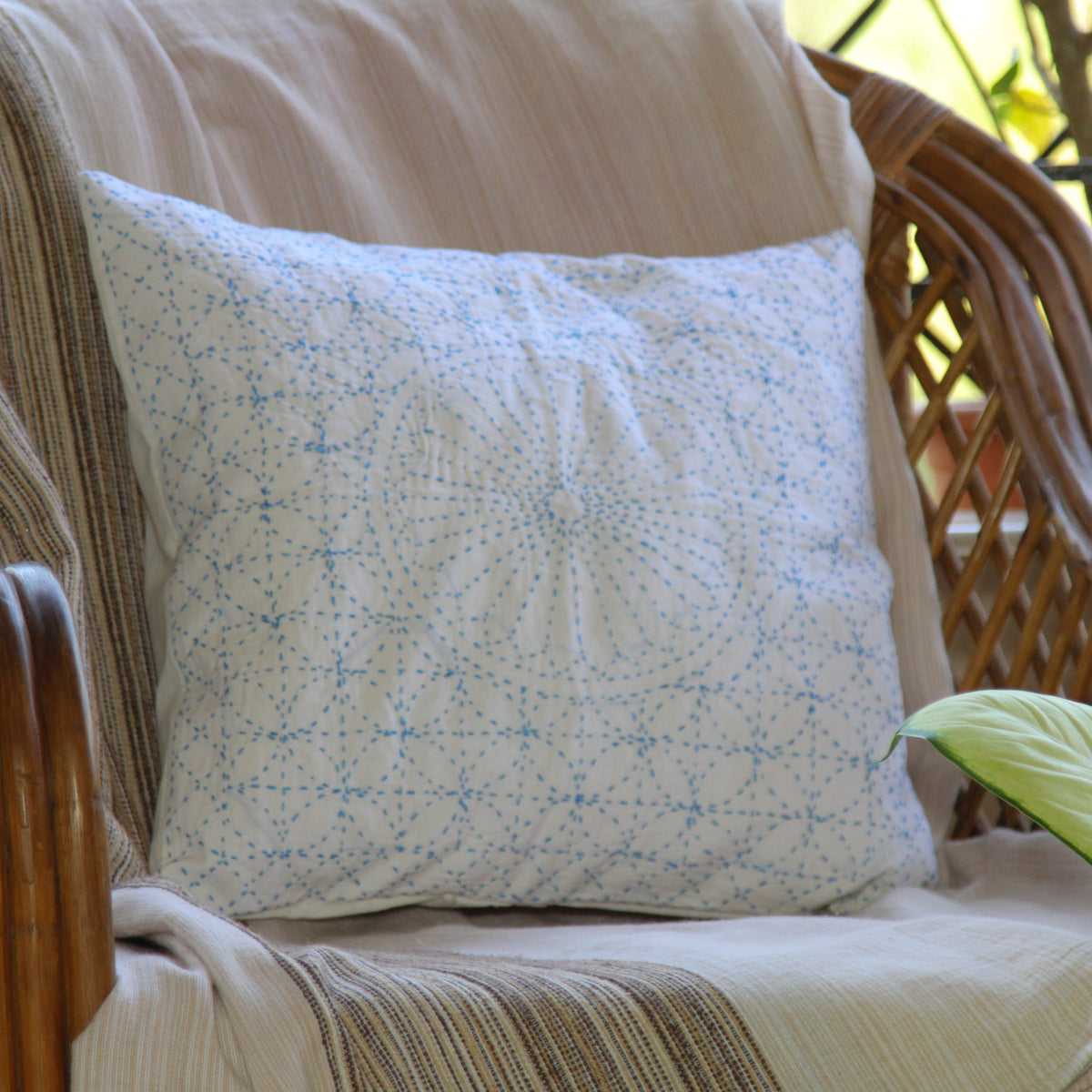 Nakshi Kantha Cushion Cover - White & Sky Blue