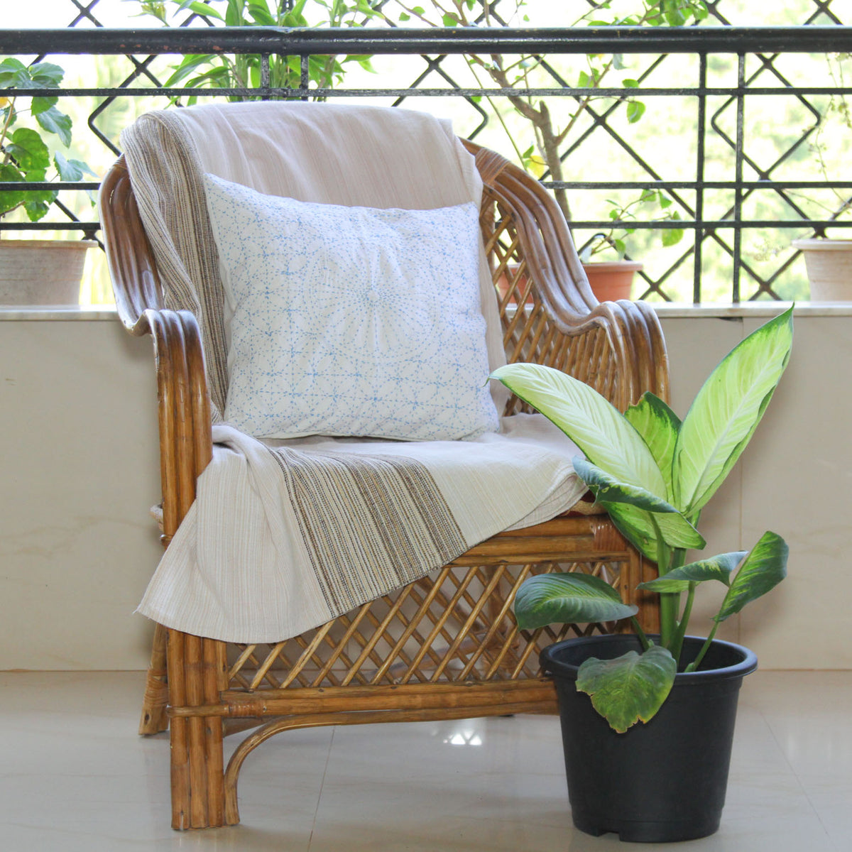 Nakshi Kantha Cushion Cover - White & Sky Blue