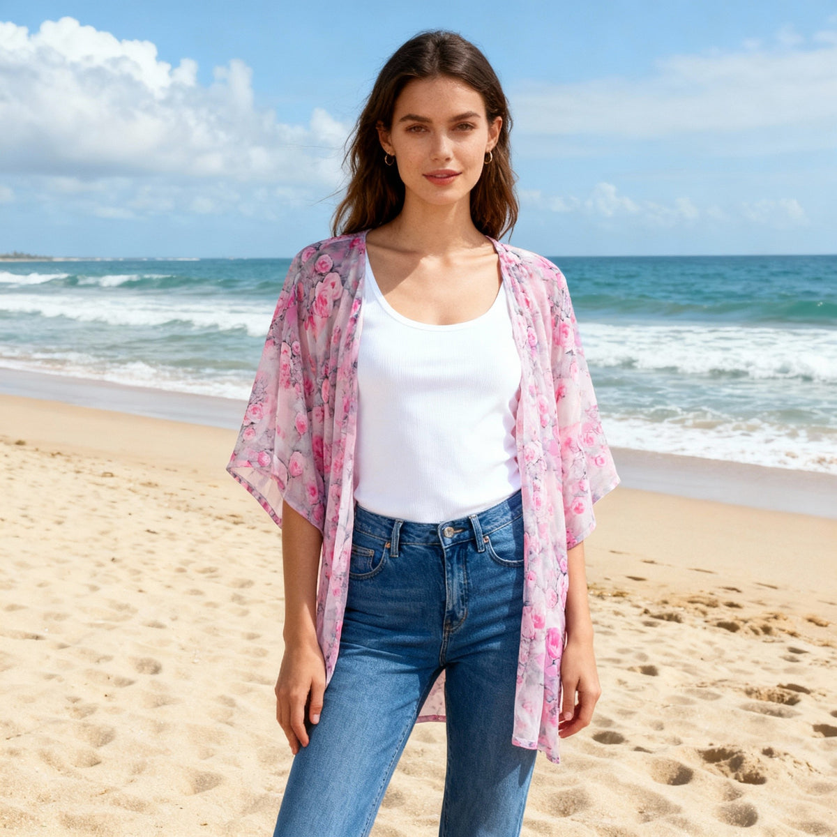 Chiffon Floral Print Short Kimono Cardigan - Pink