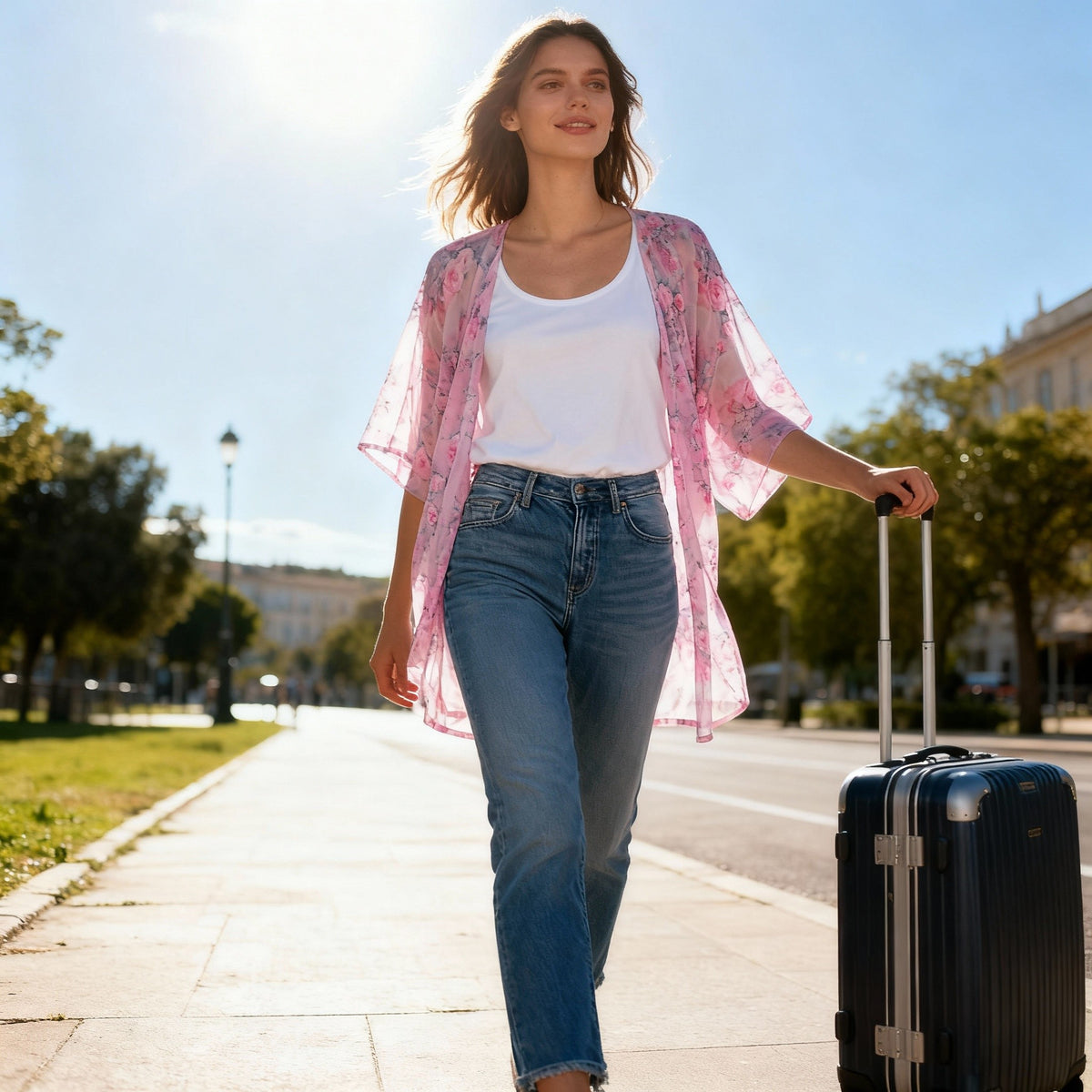 Chiffon Floral Print Short Kimono Cardigan - Pink
