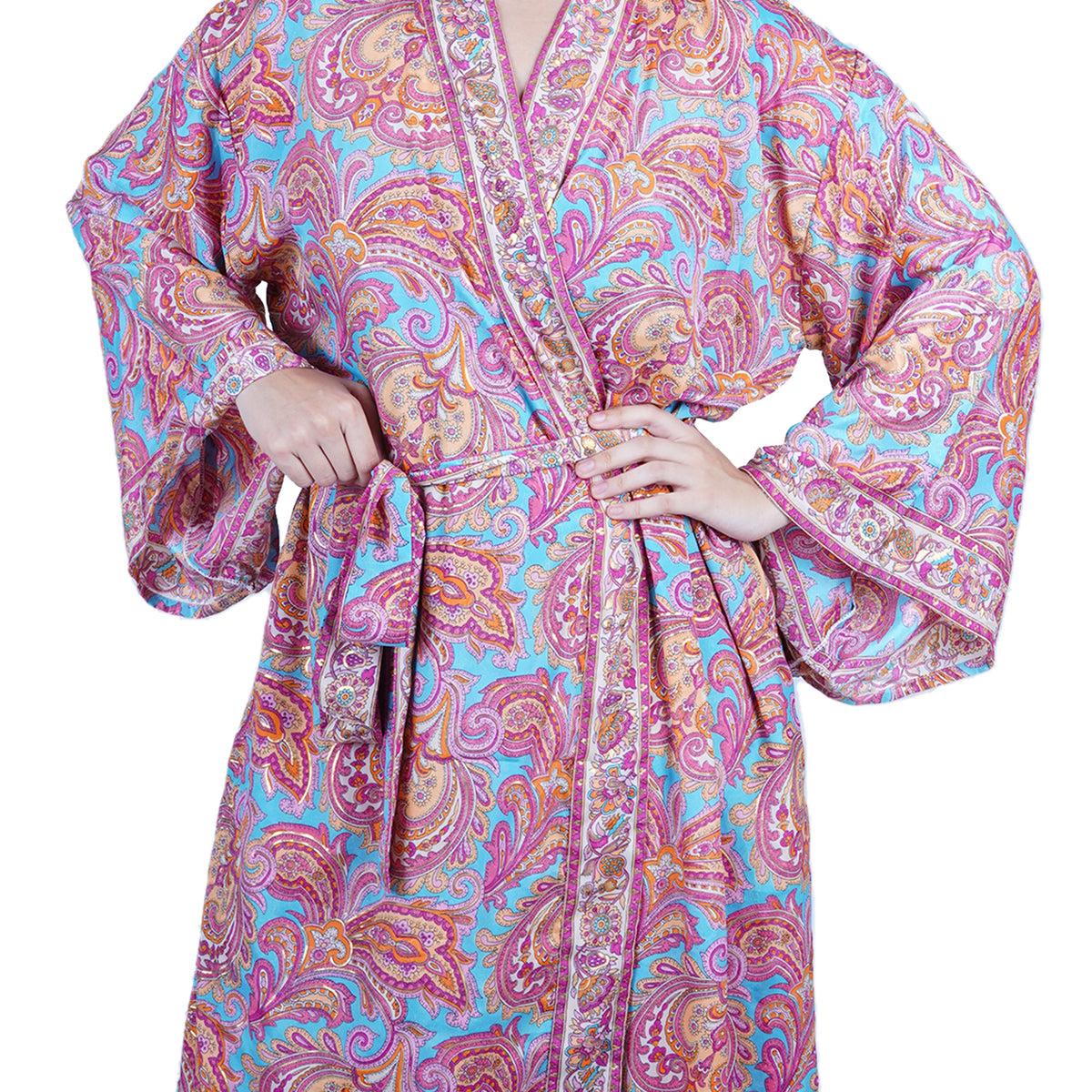 New Luxury Silk Boho Kimono House Robe - Pink & Blue Paisley