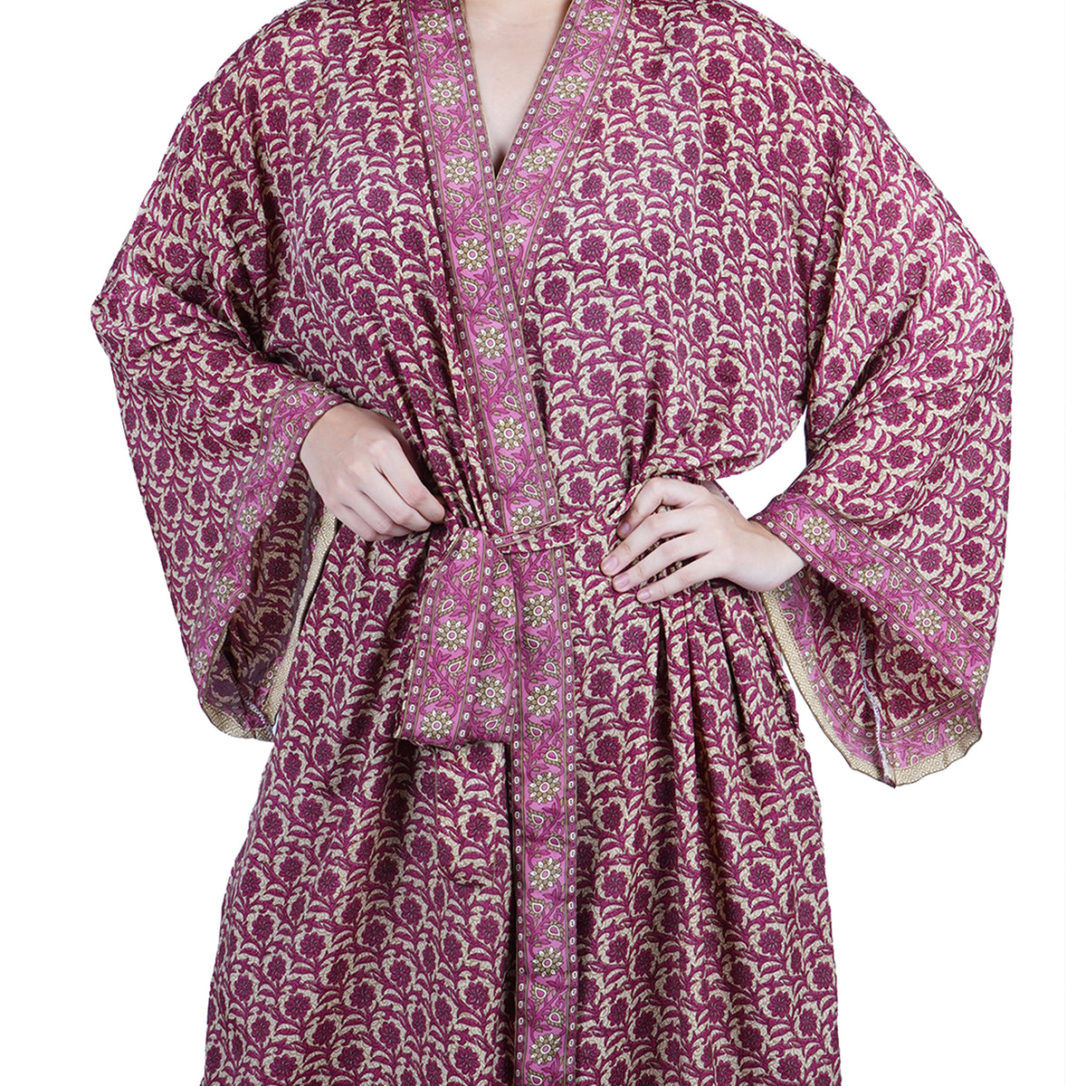 New Luxury Silk Boho Kimono House Robe - Dark Pink Floral Block Print