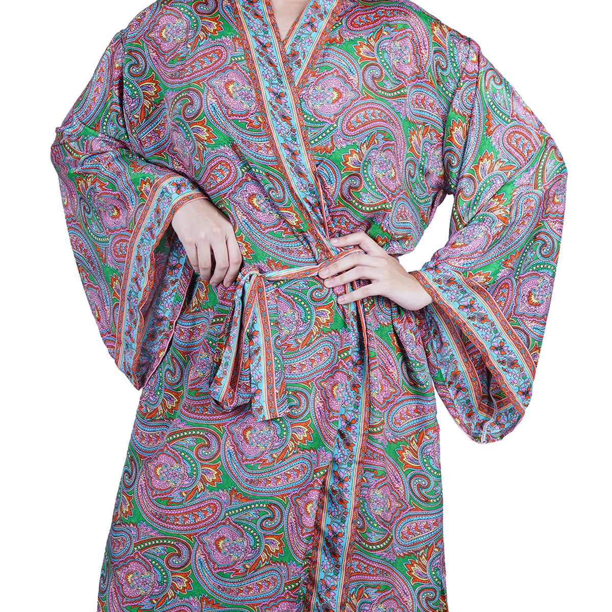 New Luxury Silk Boho Kimono House Robe - Pink Green Paisley