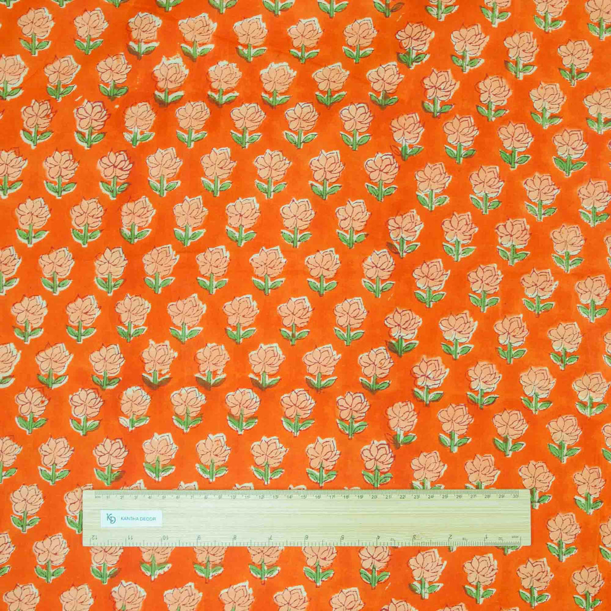 Hand Block Printed 100 % Cotton Fabric- Orange Background, Peach Flowers with Green Leaves Pattern(Design 804)