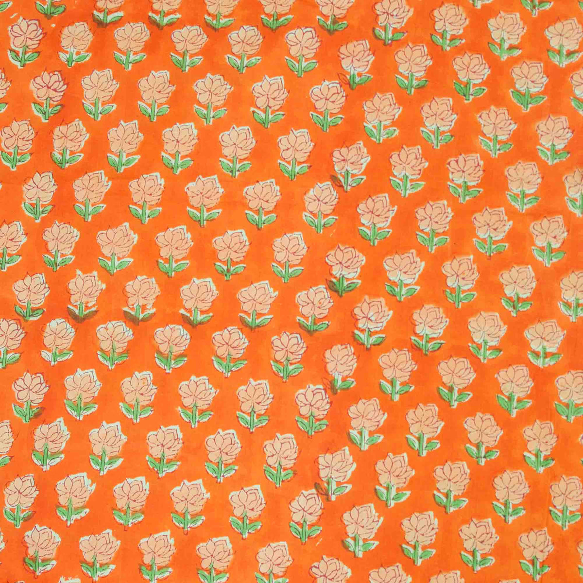 Hand Block Printed 100 % Cotton Fabric- Orange Background, Peach Flowers with Green Leaves Pattern(Design 804)