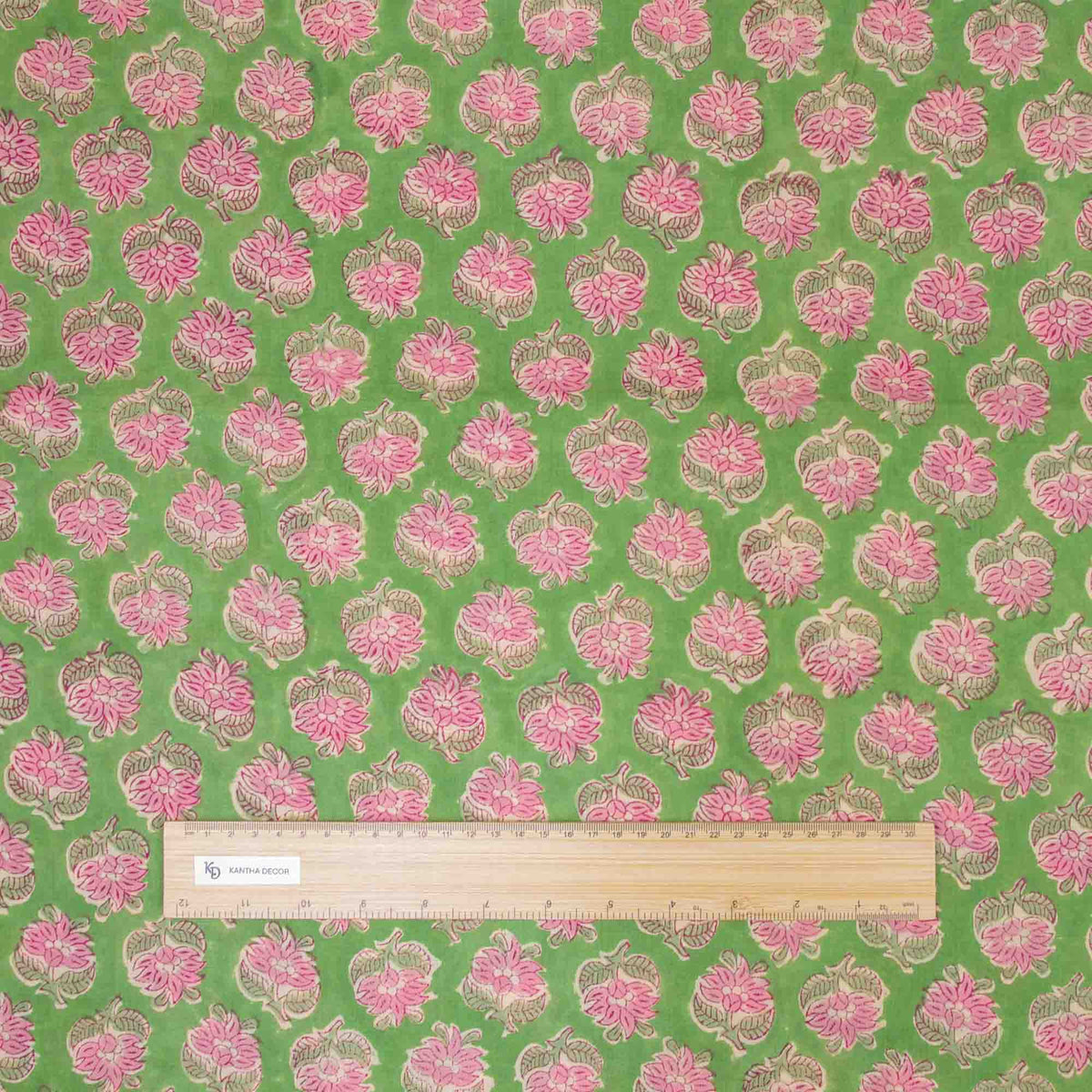 Hand Block Printed 100 % Cotton Fabric - Green Background With Pink Flowers (Design 801)