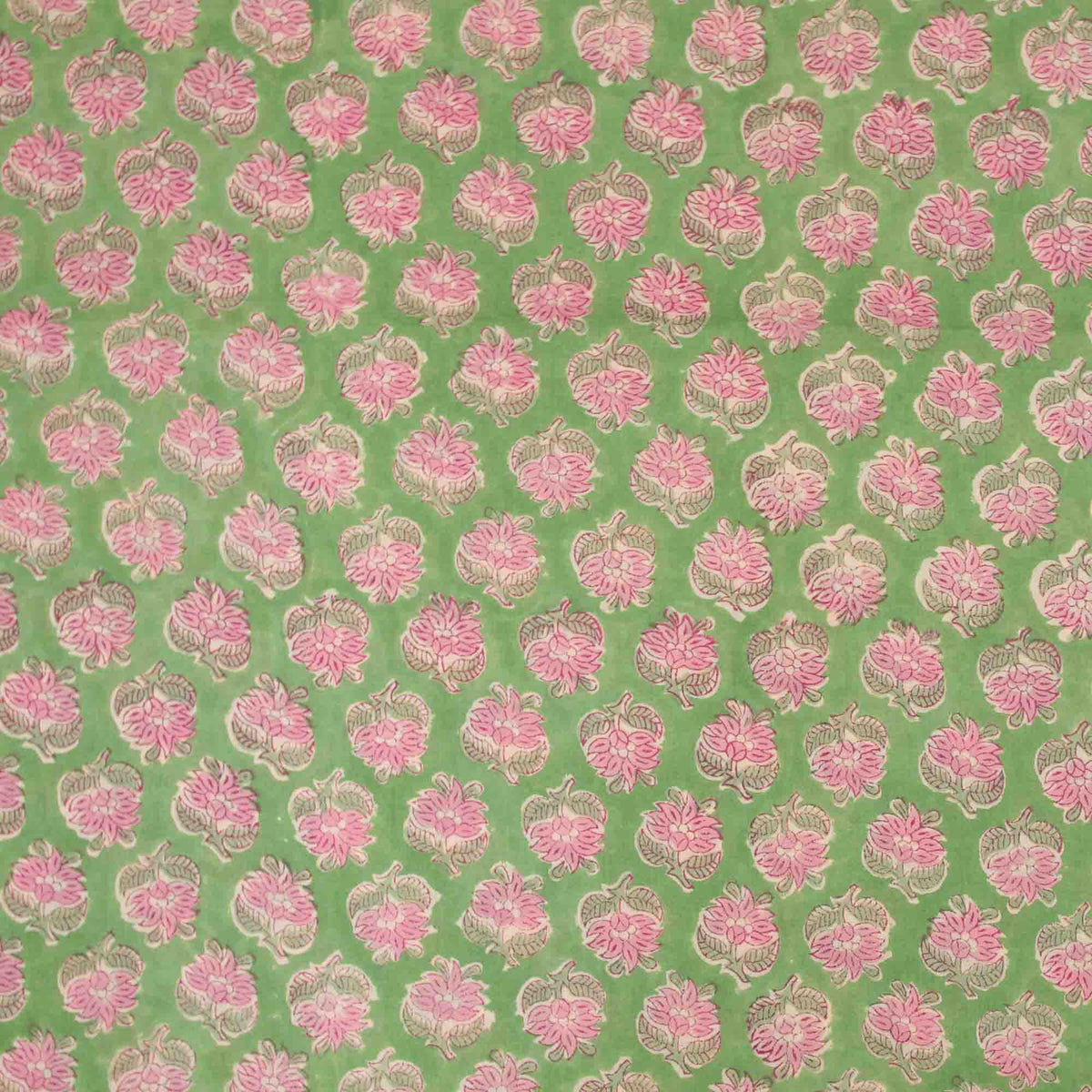 Hand Block Printed 100 % Cotton Fabric - Green Background With Pink Flowers (Design 801)