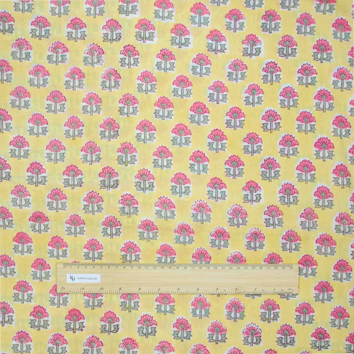 Hand Block Printed 100 % Cotton Fabric -Yellow Background,Pink Lotus Flower Print(Design 802)