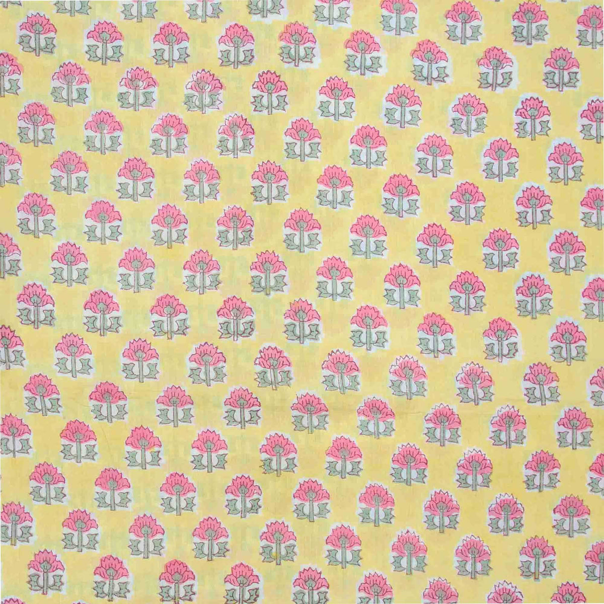 Hand Block Printed 100 % Cotton Fabric -Yellow Background,Pink Lotus Flower Print(Design 802)