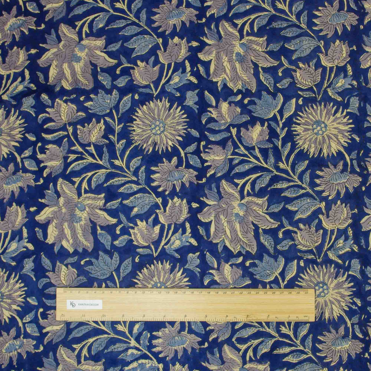Indian Hand Block Printed 100 % Cotton Fabric -Royal Blue Background,Gold and Grey Floral (Design 805)