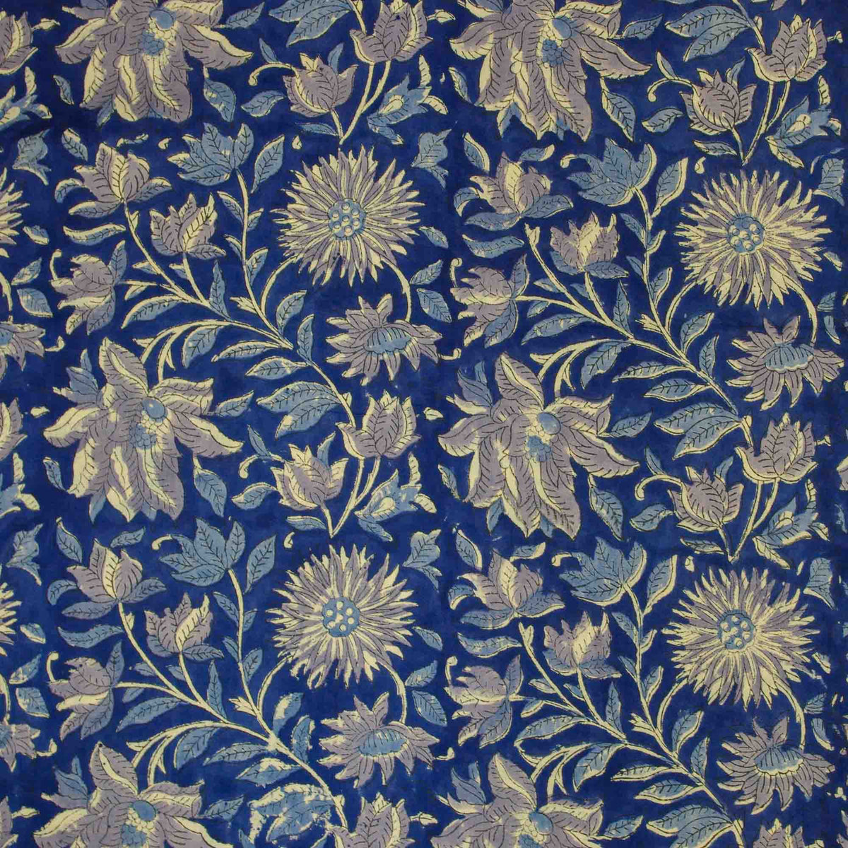 Indian Hand Block Printed 100 % Cotton Fabric -Royal Blue Background,Gold and Grey Floral (Design 805)