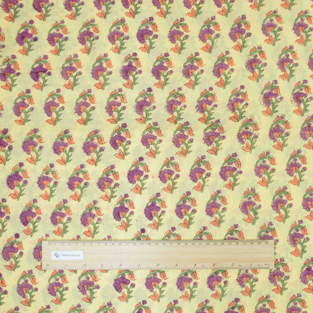 Hand Block Printed 100 % Cotton Fabric -Purple & Orange Flowers On Yellow Backgroundi (Design 808)