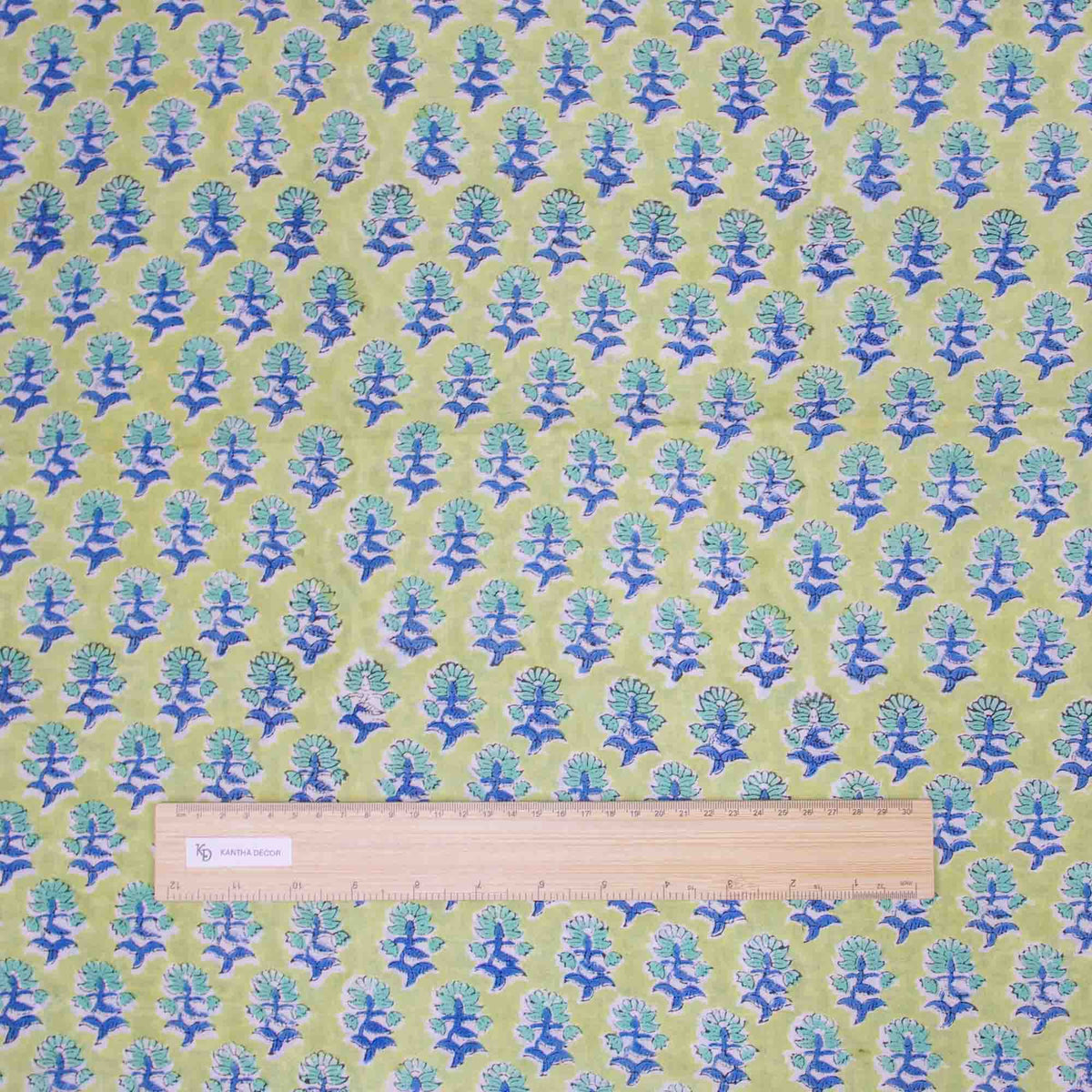Hand Block Printed 100 % Cotton Fabric - Chartreuse Background, Blue Floral Motif Pattern(Design 807)