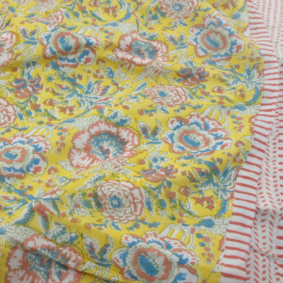Yellow Orange Floral With leaves Reversible Dohar Quilt Comforter DQ15
