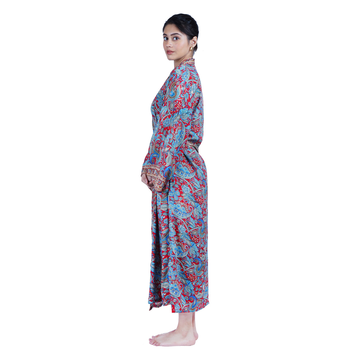 New Luxury Silk Boho Kimono House Robe - Red Blue Floral