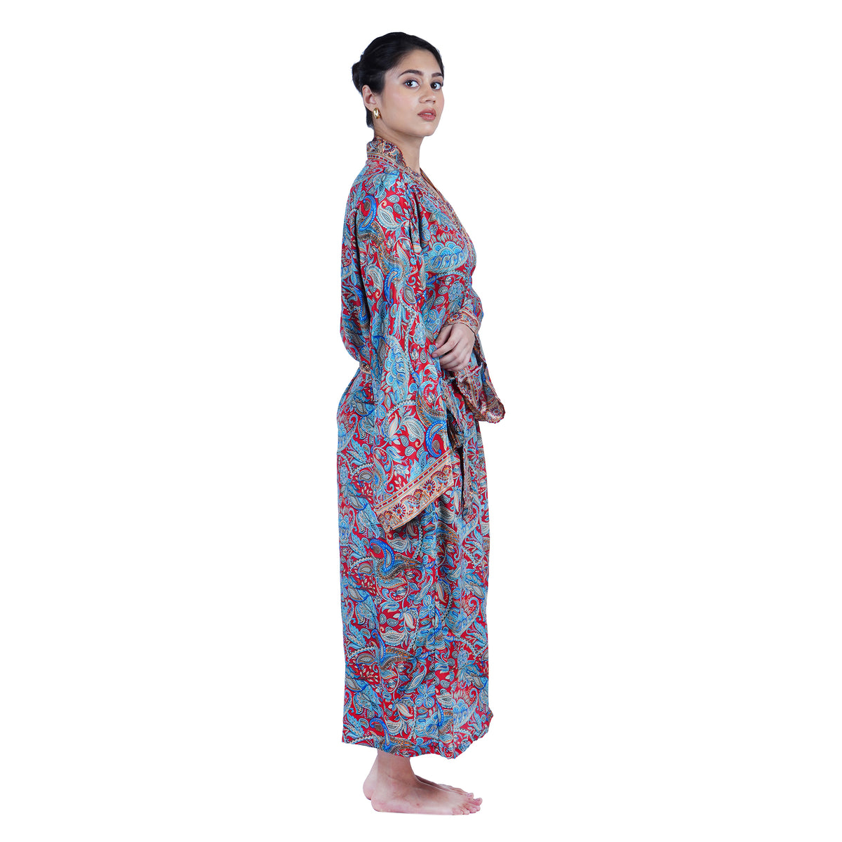 New Luxury Silk Boho Kimono House Robe - Red Blue Floral