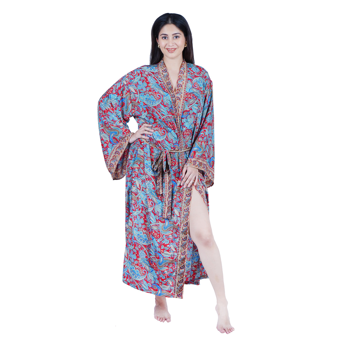 New Luxury Silk Boho Kimono House Robe - Red Blue Floral