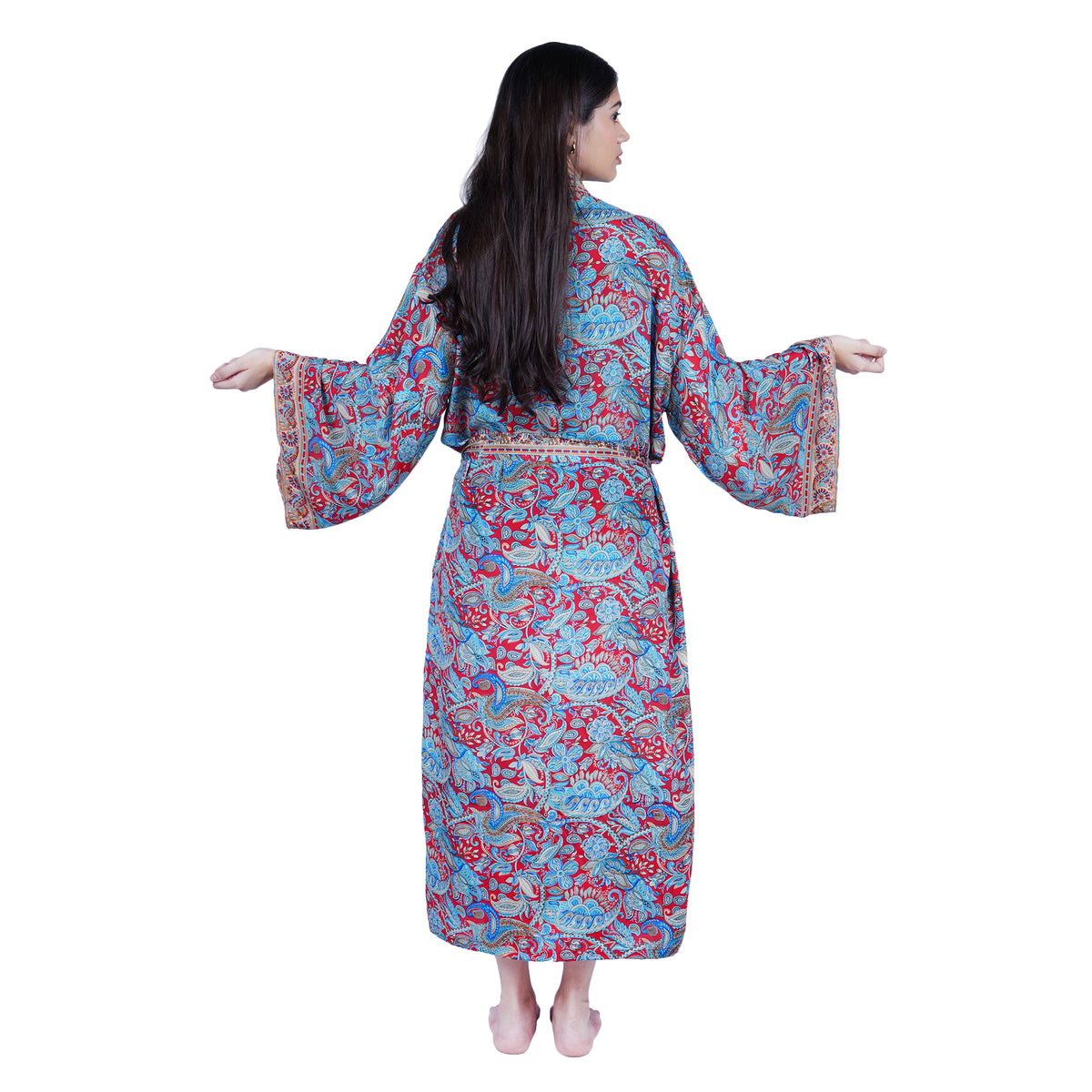 New Luxury Silk Boho Kimono House Robe - Red Blue Floral