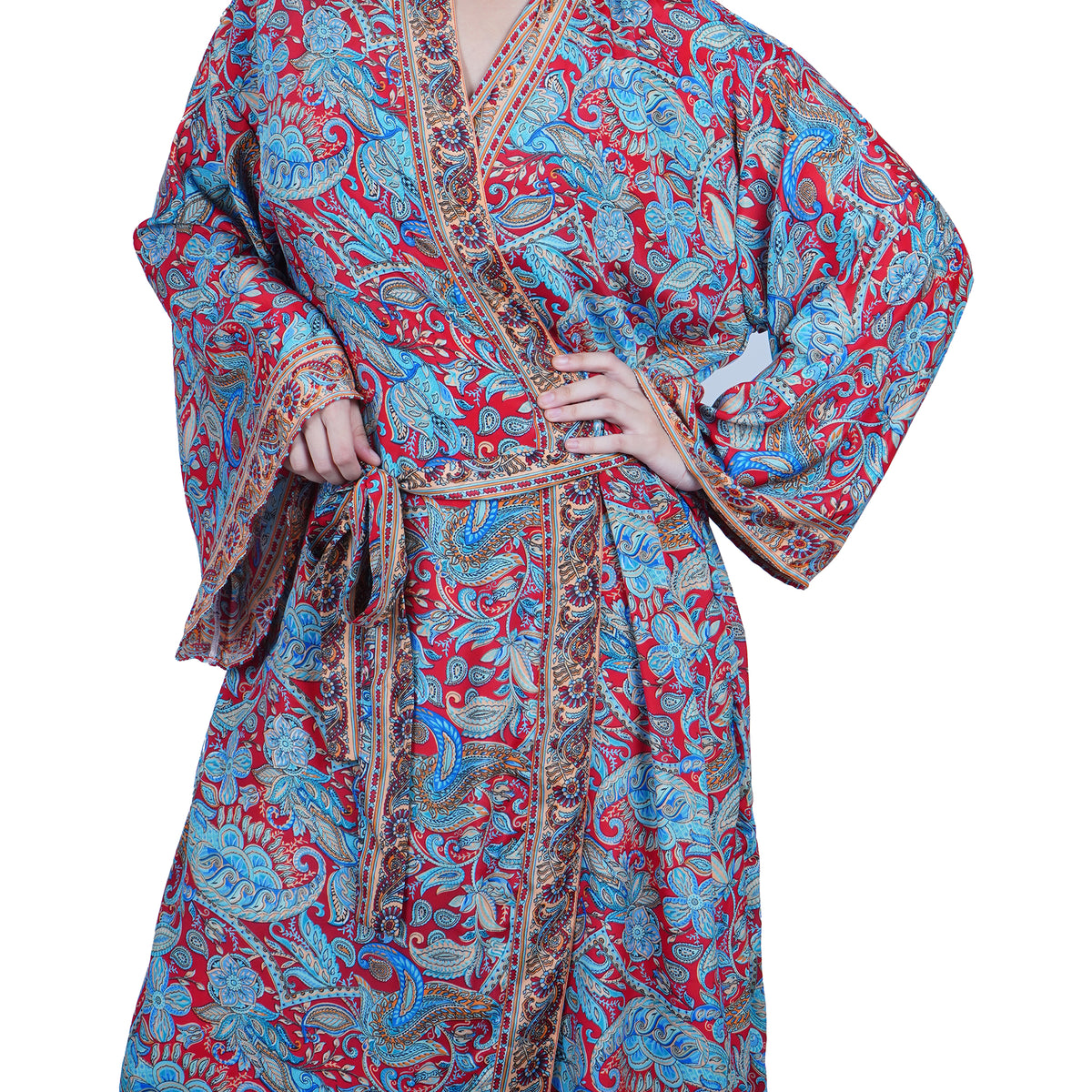 New Luxury Silk Boho Kimono House Robe - Red Blue Floral