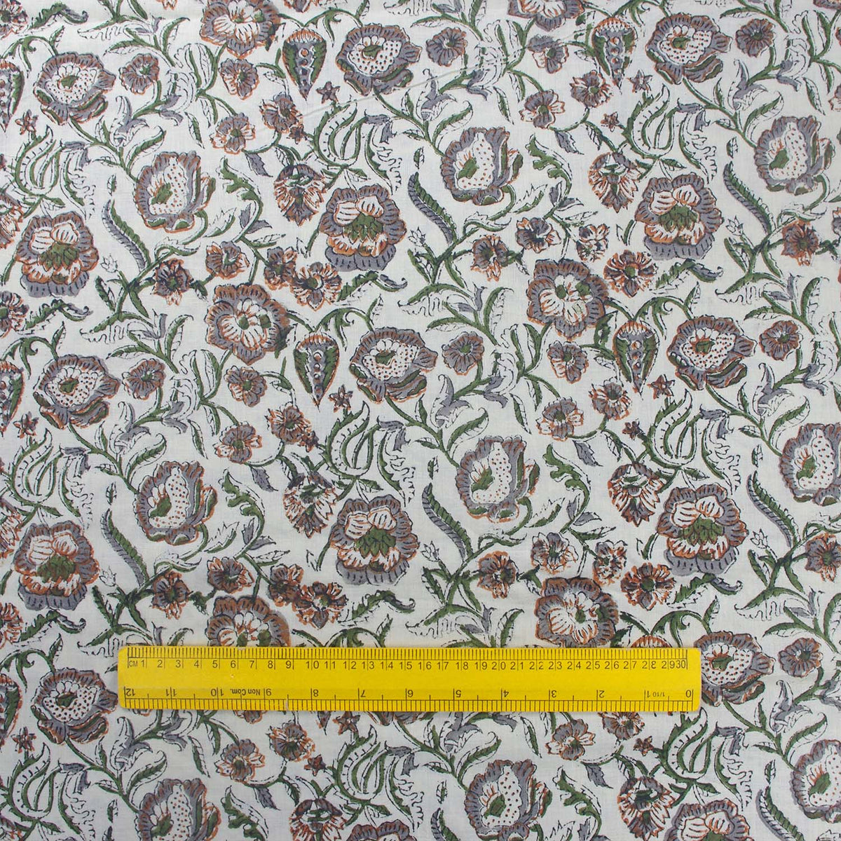 Indian Hand Block Print Brown Green Floral On Beige 100% Cotton Design 144