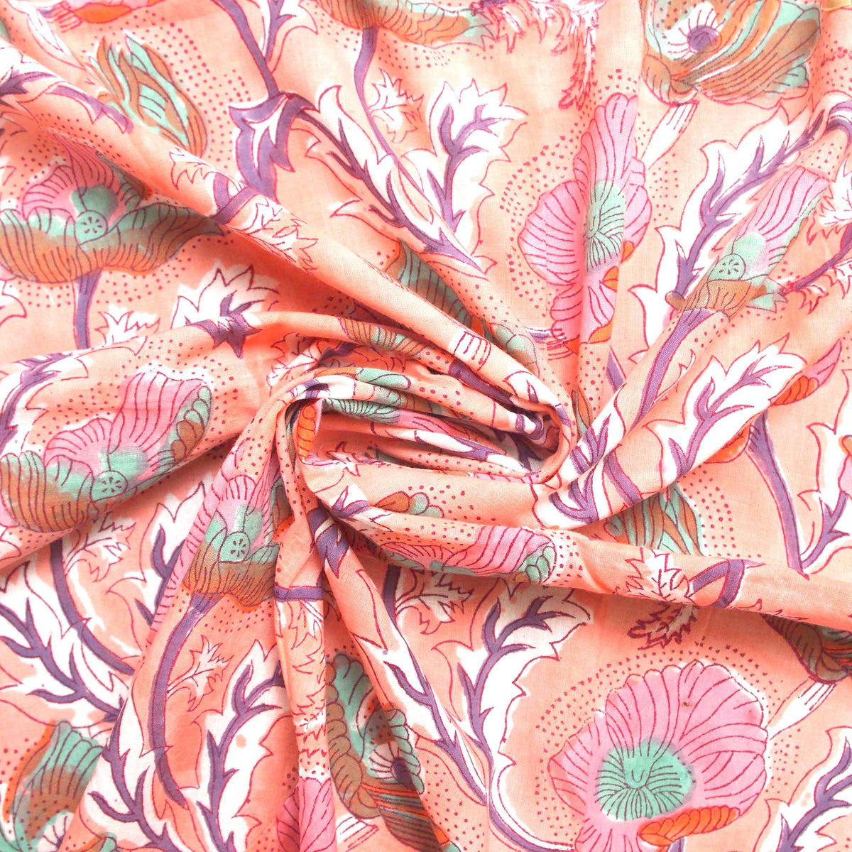 Block Printed 100% Cotton Women Dress Fabric Poppy Flowers Design 184