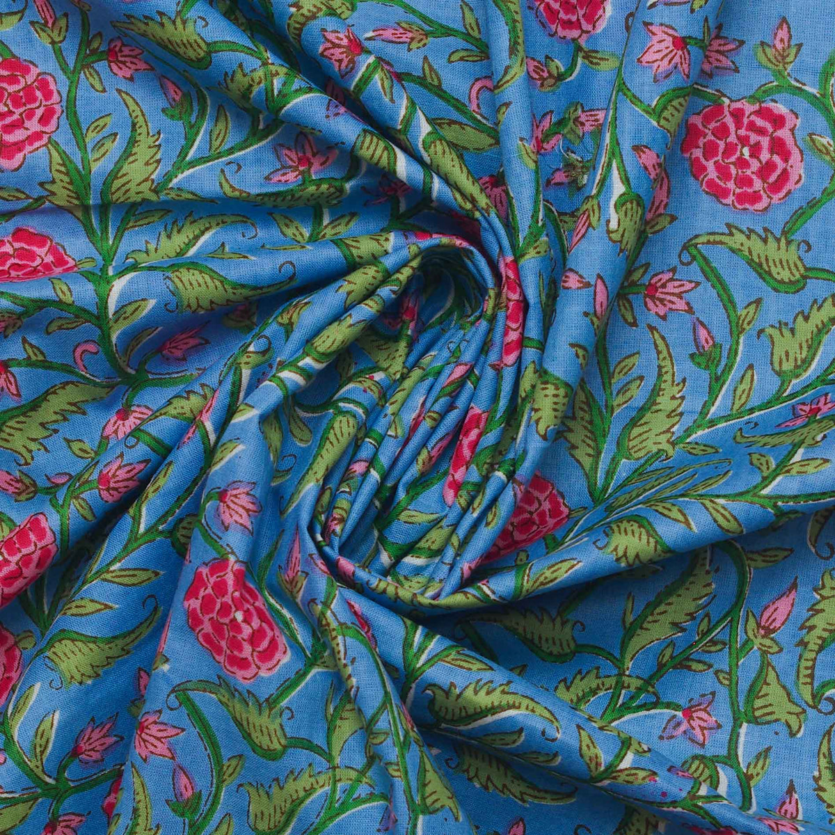 Blue With Pink Roses Hand Screen Printed Cotton Fabric Design 235