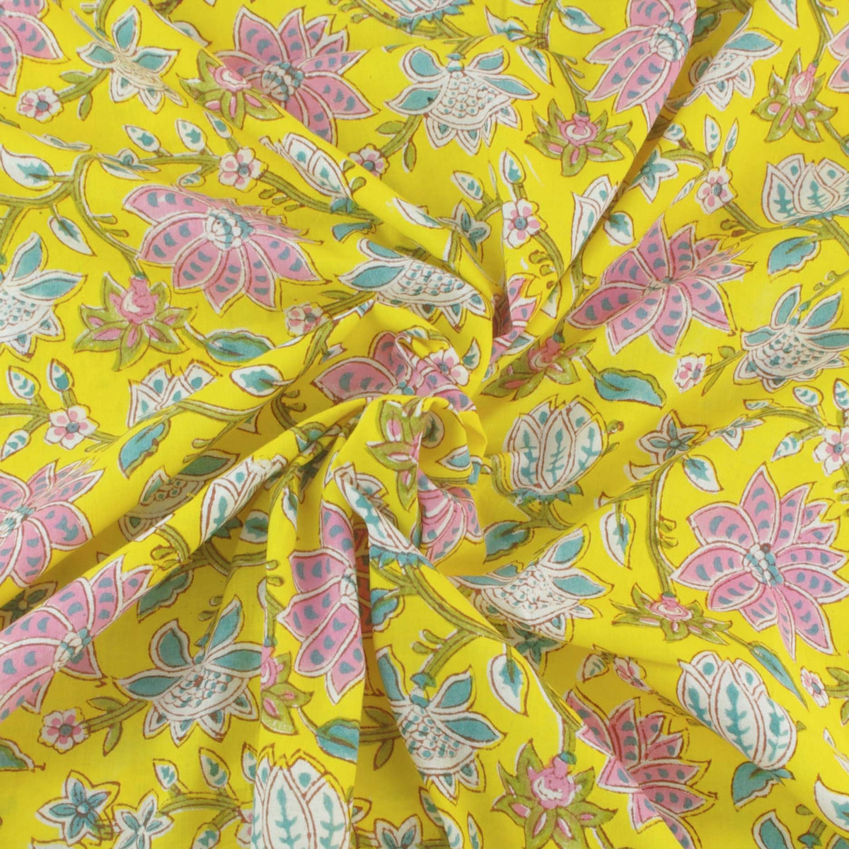 Indischer Handblockdruck Gelbes Blumenmuster 100 % Baumwolle Damenkleid Stoffdesign 31
