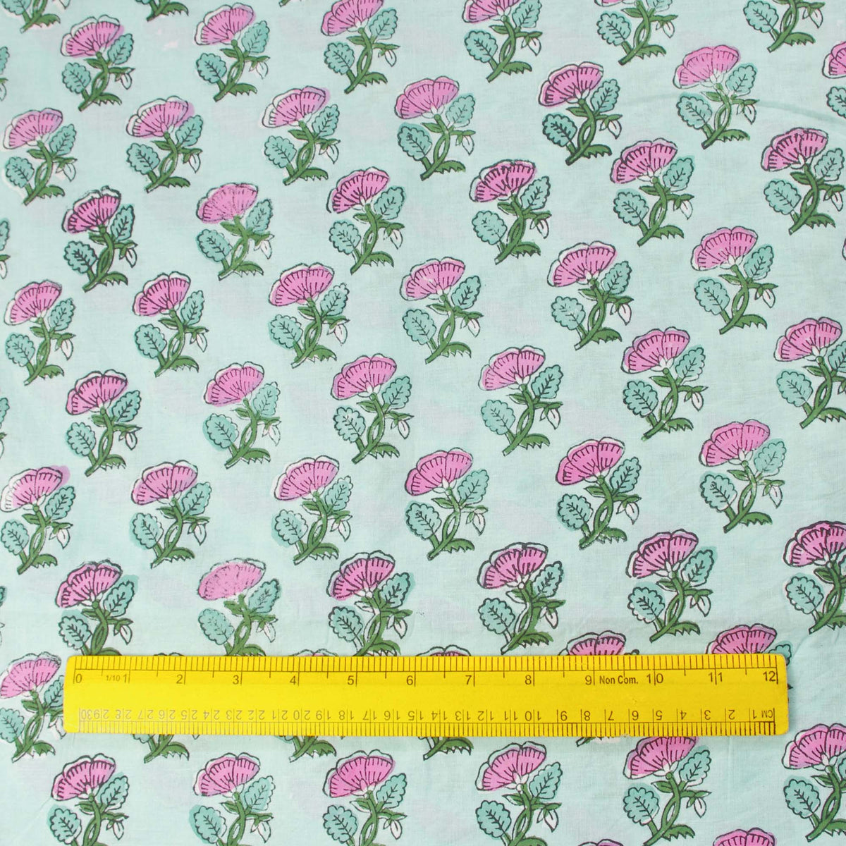 Block Print Fabric - Small Pink Flowers On Mint( Design 363)