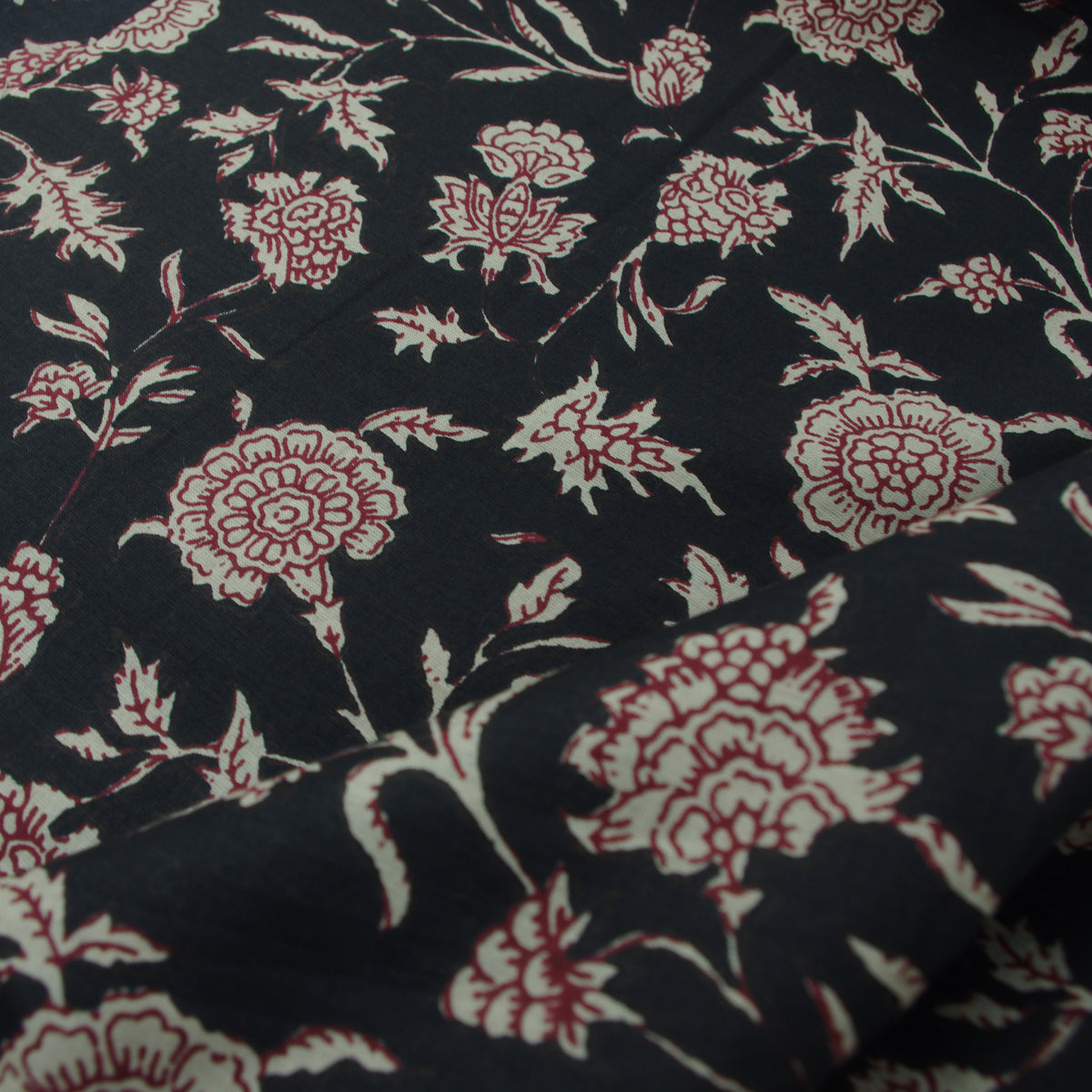 Black Floral Hand Block Print 100% Cotton Women Dress Fabric Design 367