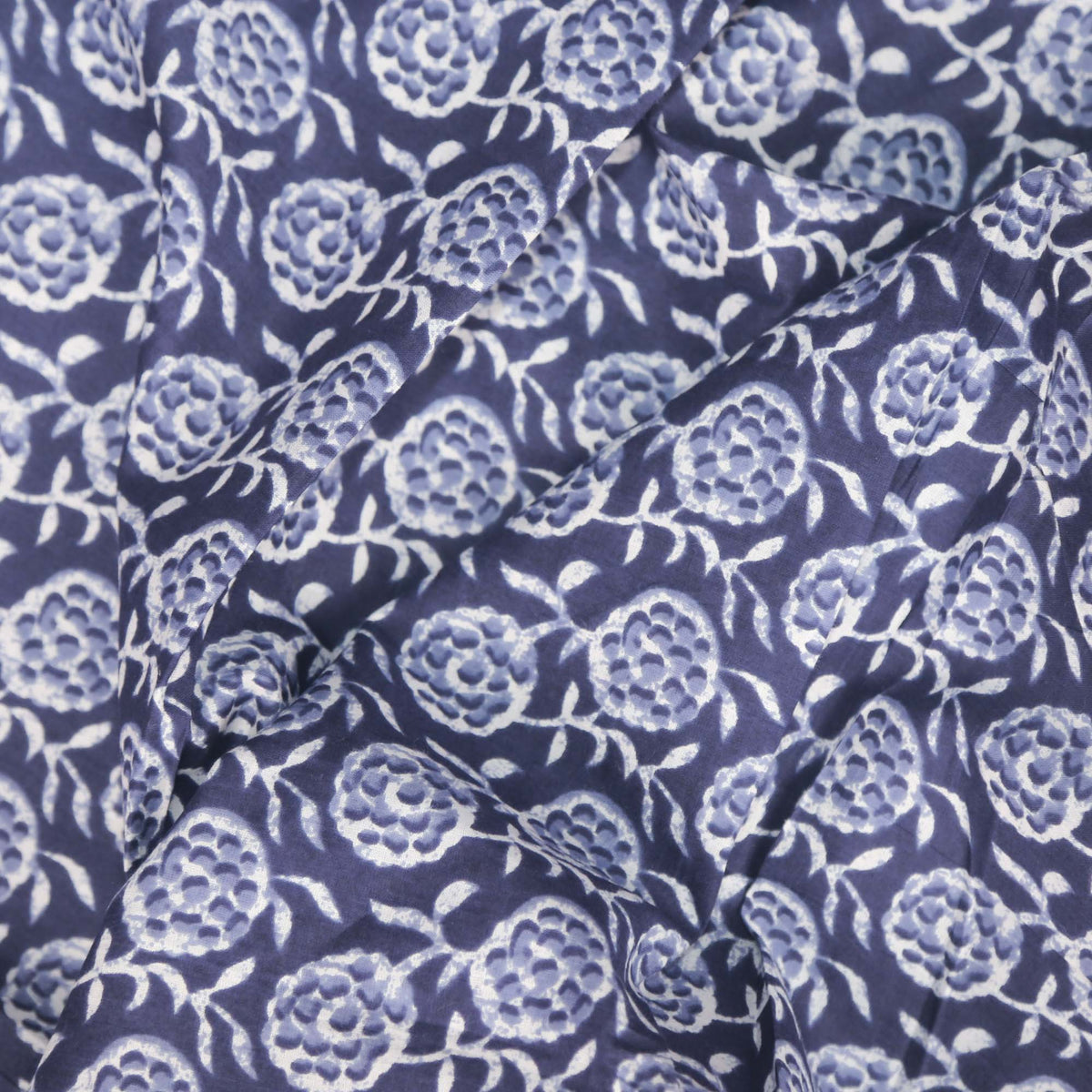 Block Printed 100% Cotton Women Dress Fabric Indigo Blue Wedgwood Flowers Design 432