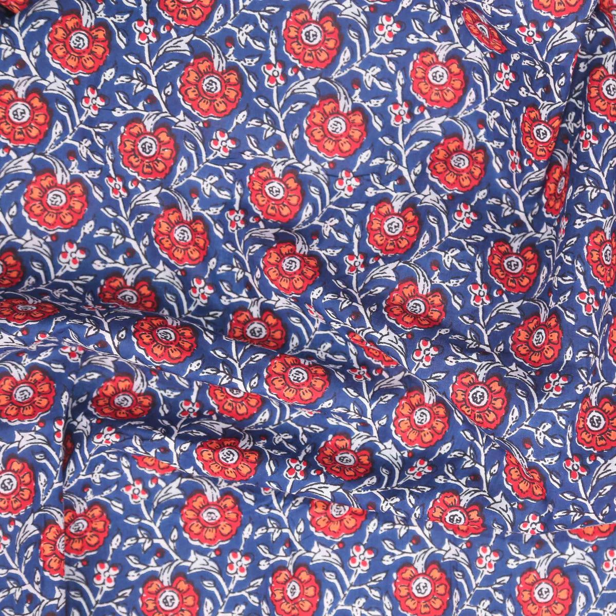 Block Printed 100% Cotton Women Dress Fabric Red Wedgwood Flowers Design 439