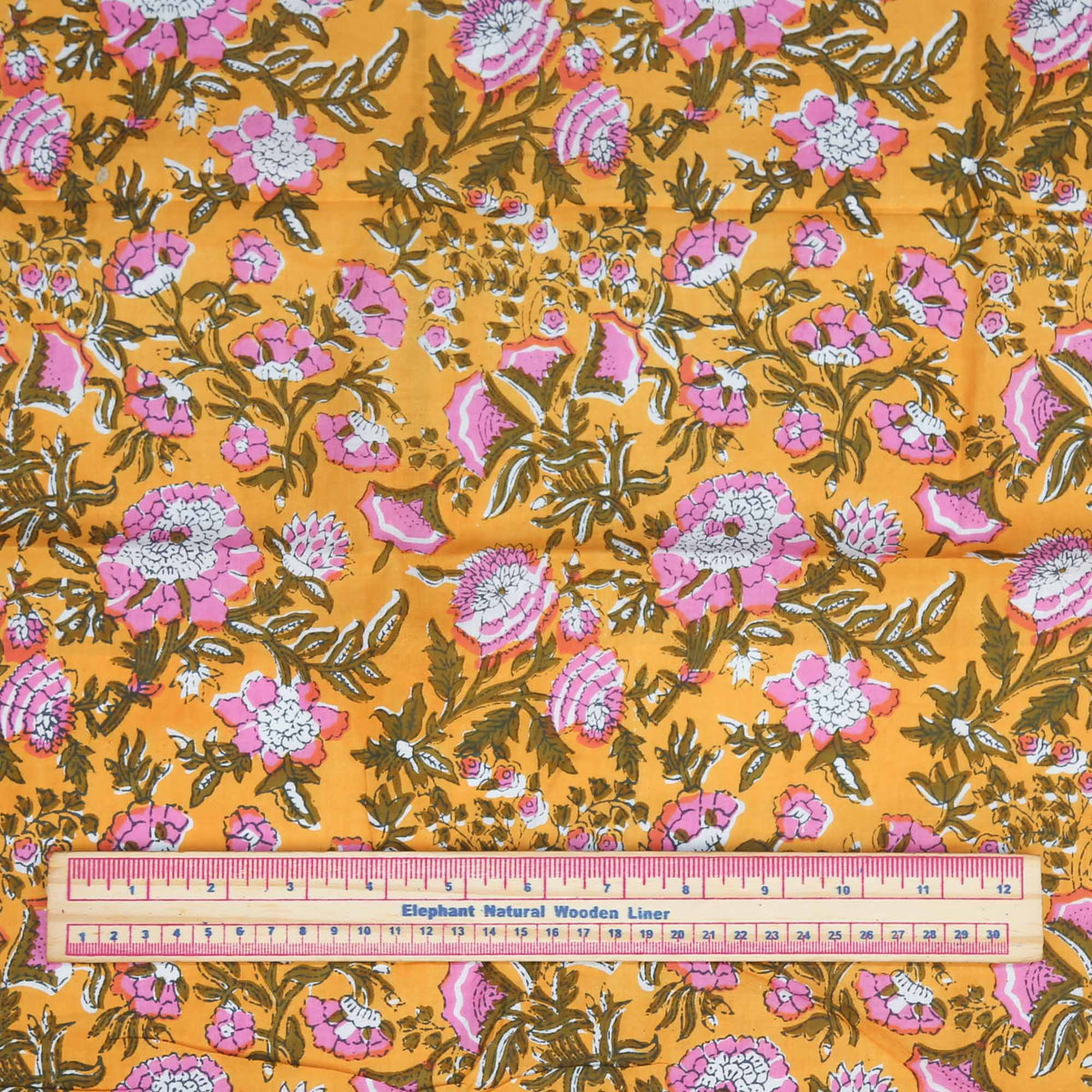 Block Print Fabric - Pink Flowers On Yellow ( Design 445 )