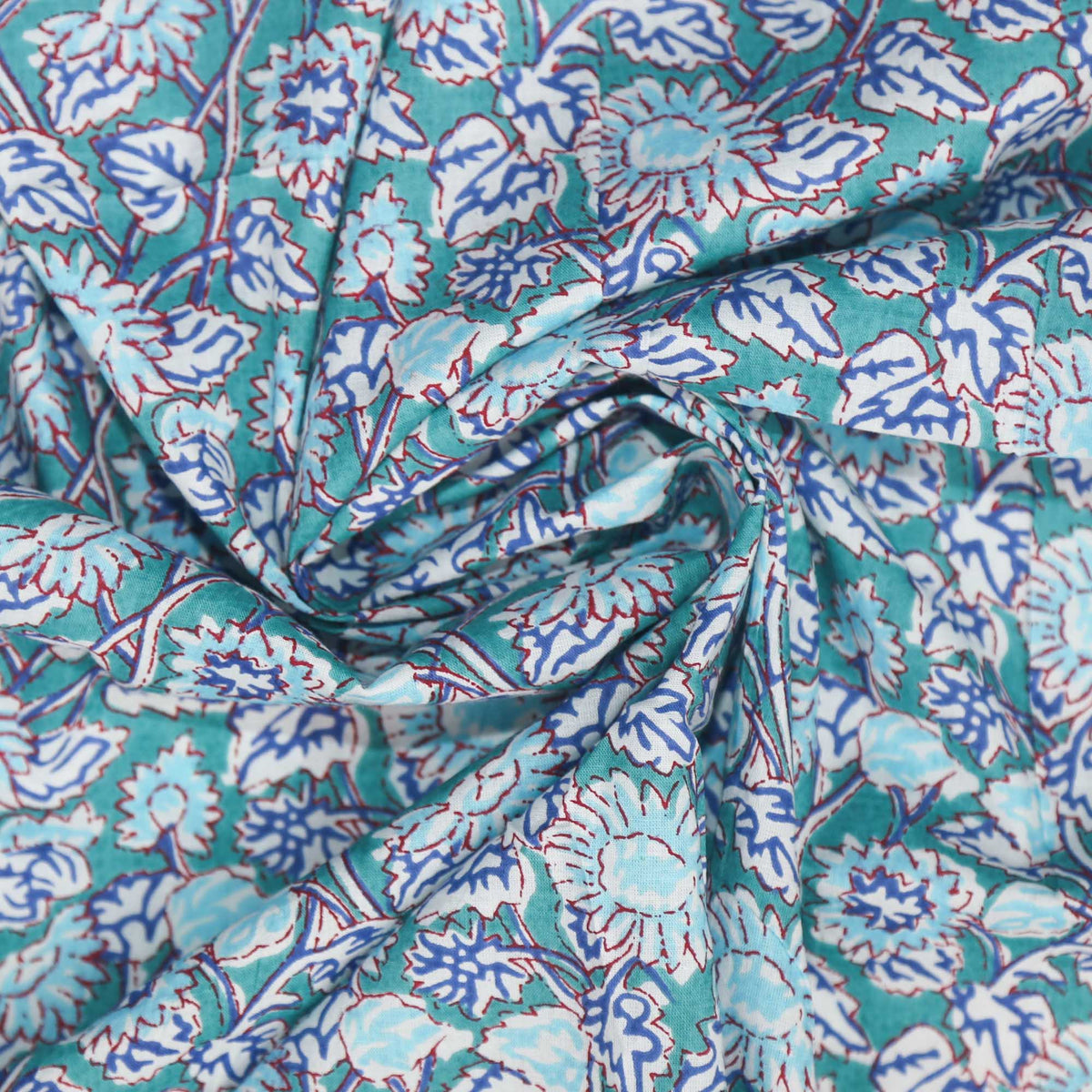 Block Print Fabric - Teal & Blue Vines ( Design 446 )