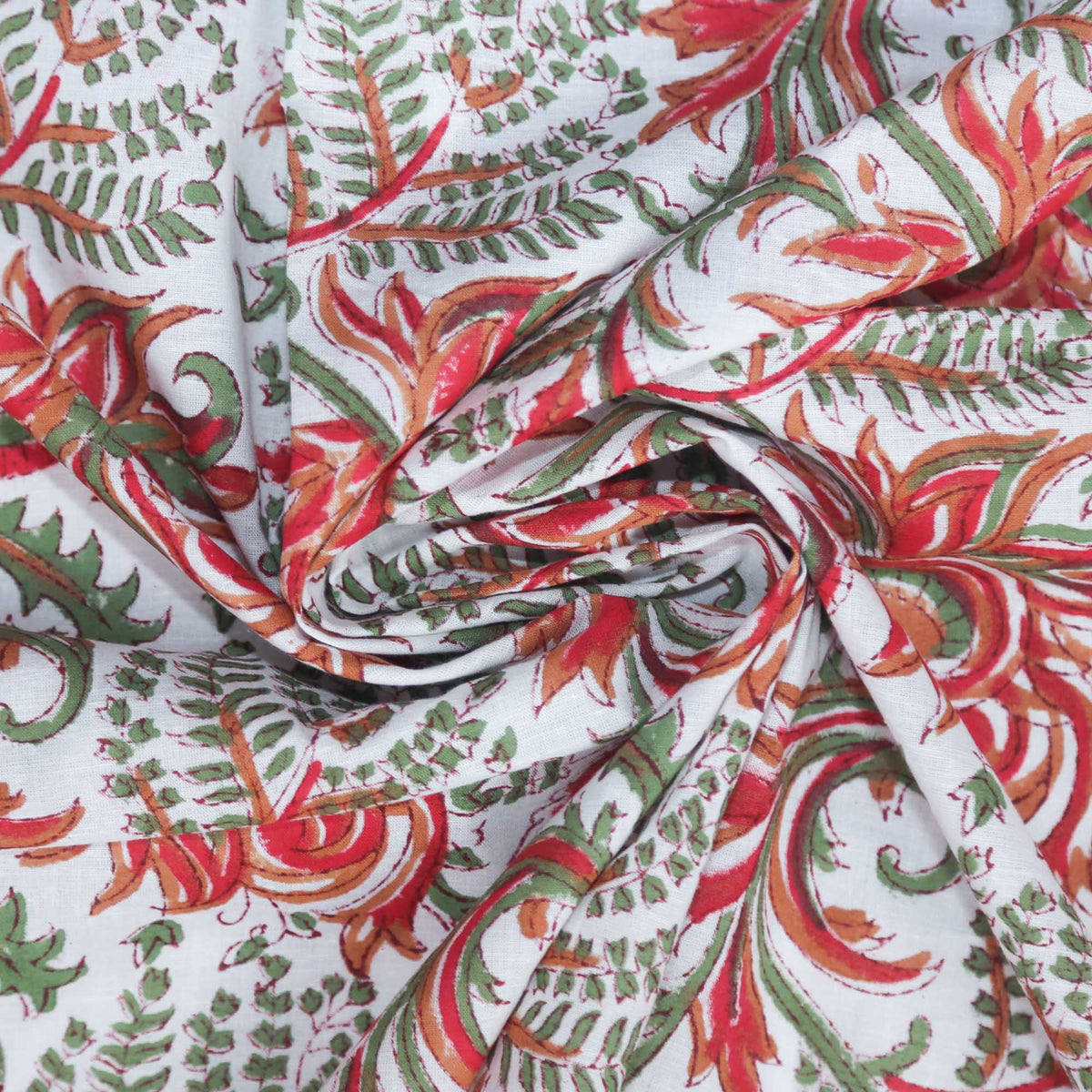Block Printed 100% Cotton Fabric - Red Thistles On White( Design 448)