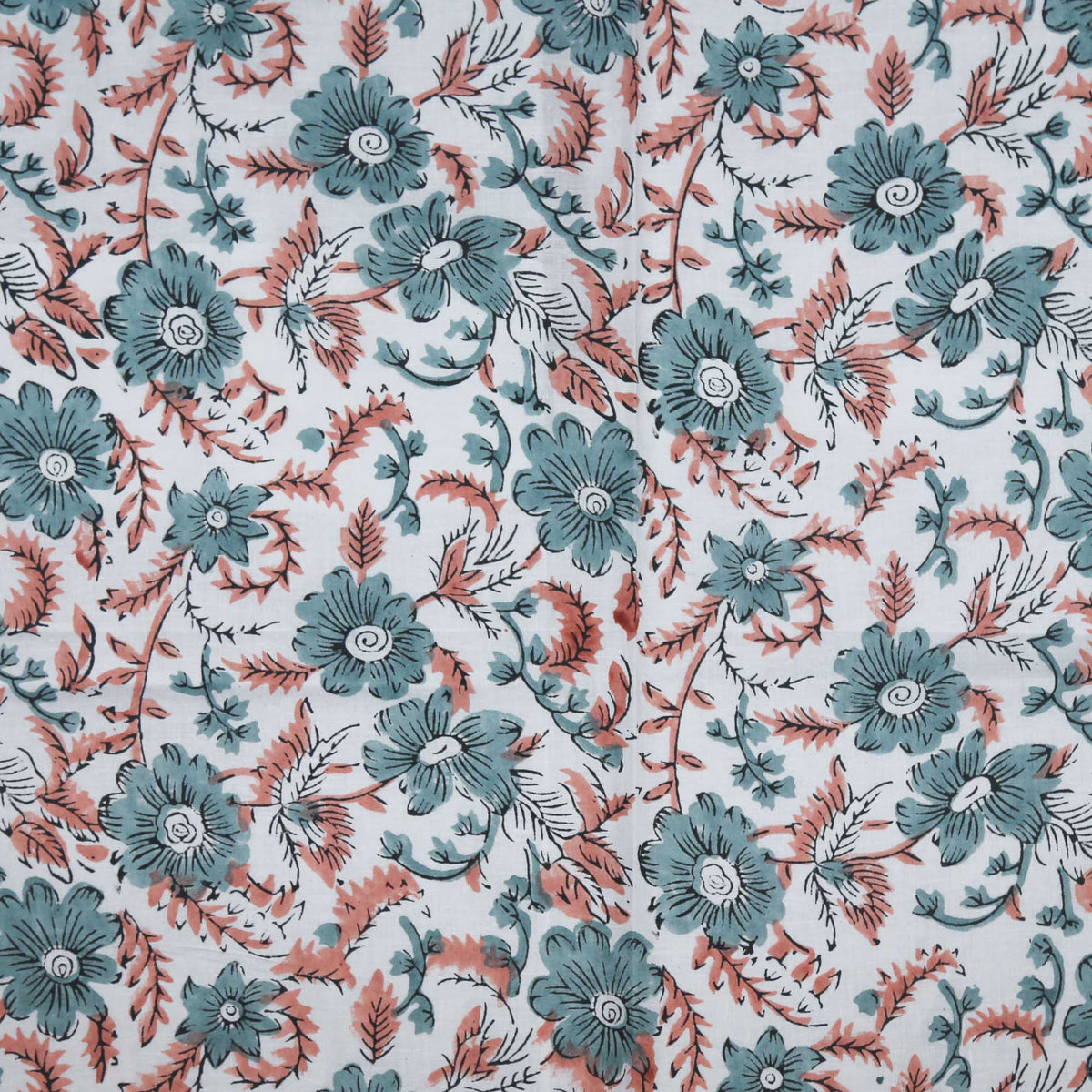 Block Printed 100% Cotton Fabric - Sweet Teal Rose Garden ( Design 450)