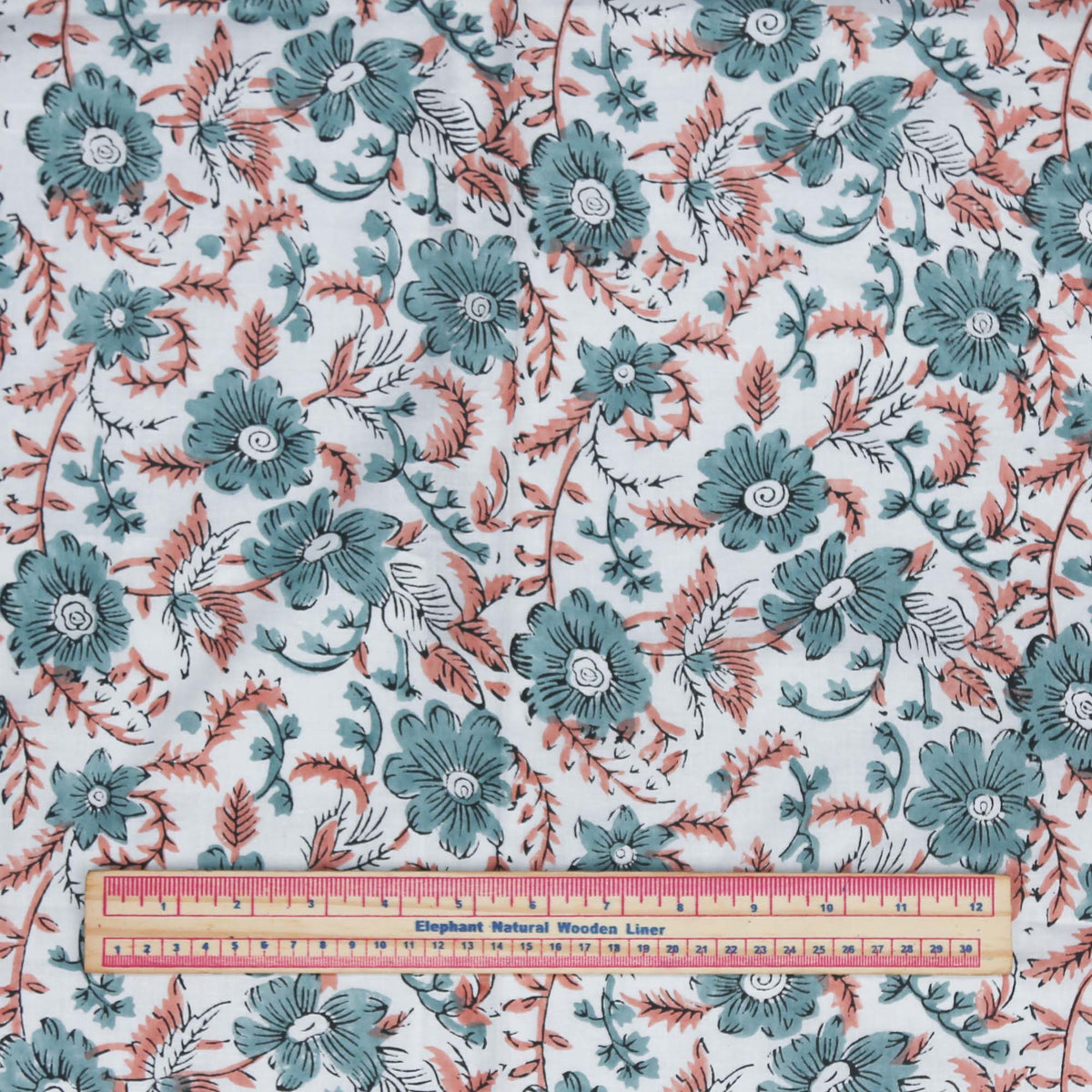 Block Printed 100% Cotton Fabric - Sweet Teal Rose Garden ( Design 450)