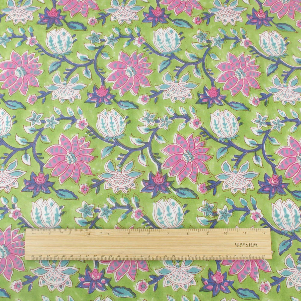 Indian Hand Block Print Green & Pink Floral 100% Cotton Women Dress Fabric Design 457