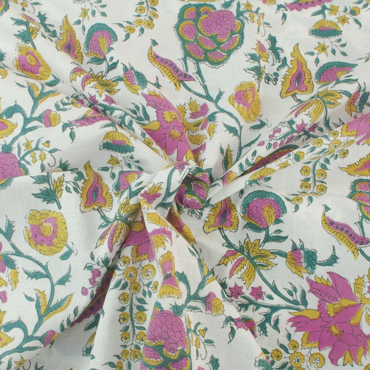 Indian Hand Block Print Pink Iris On White 100% Cotton Women Dress Fabric Design 458