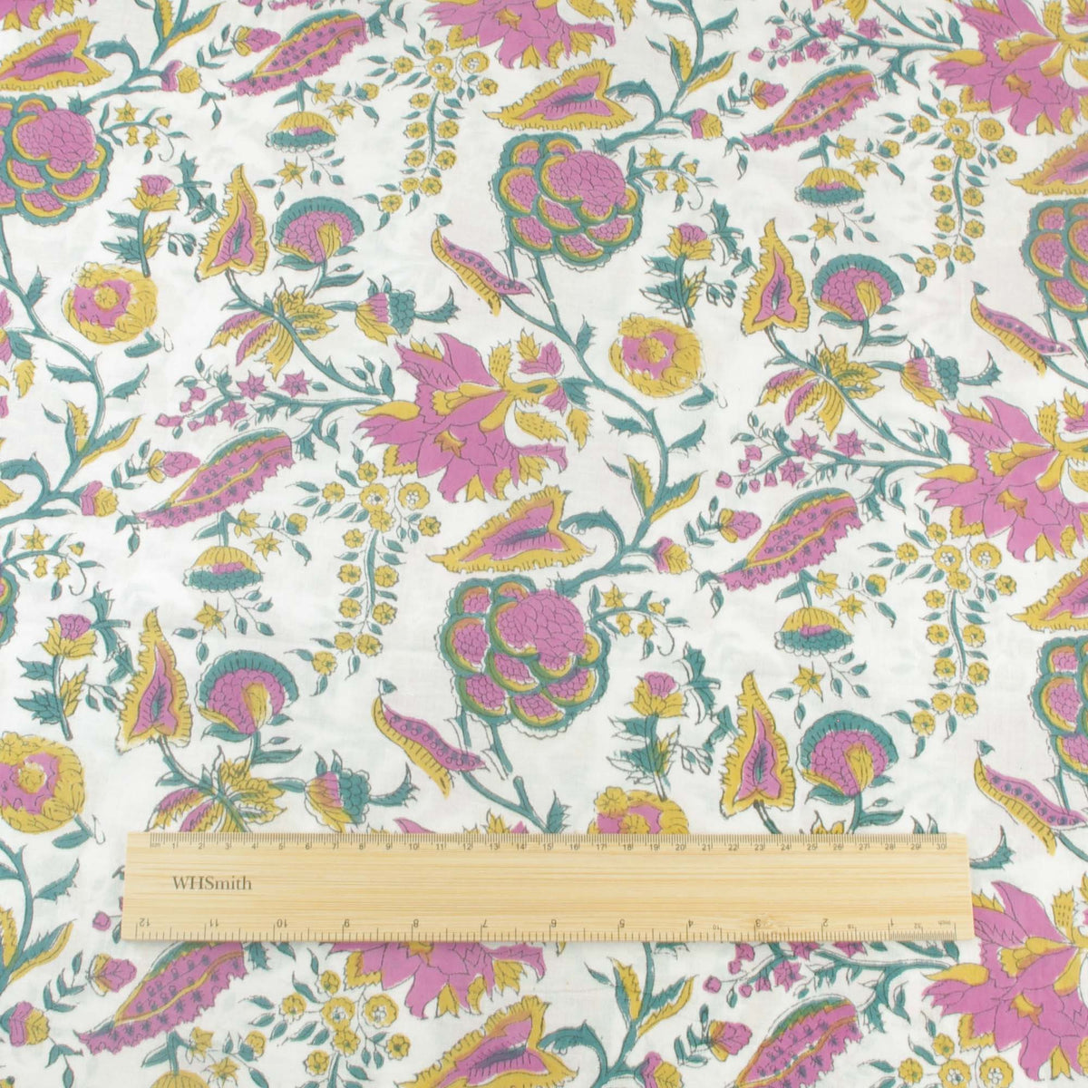Indian Hand Block Print Pink Iris On White 100% Cotton Women Dress Fabric Design 458