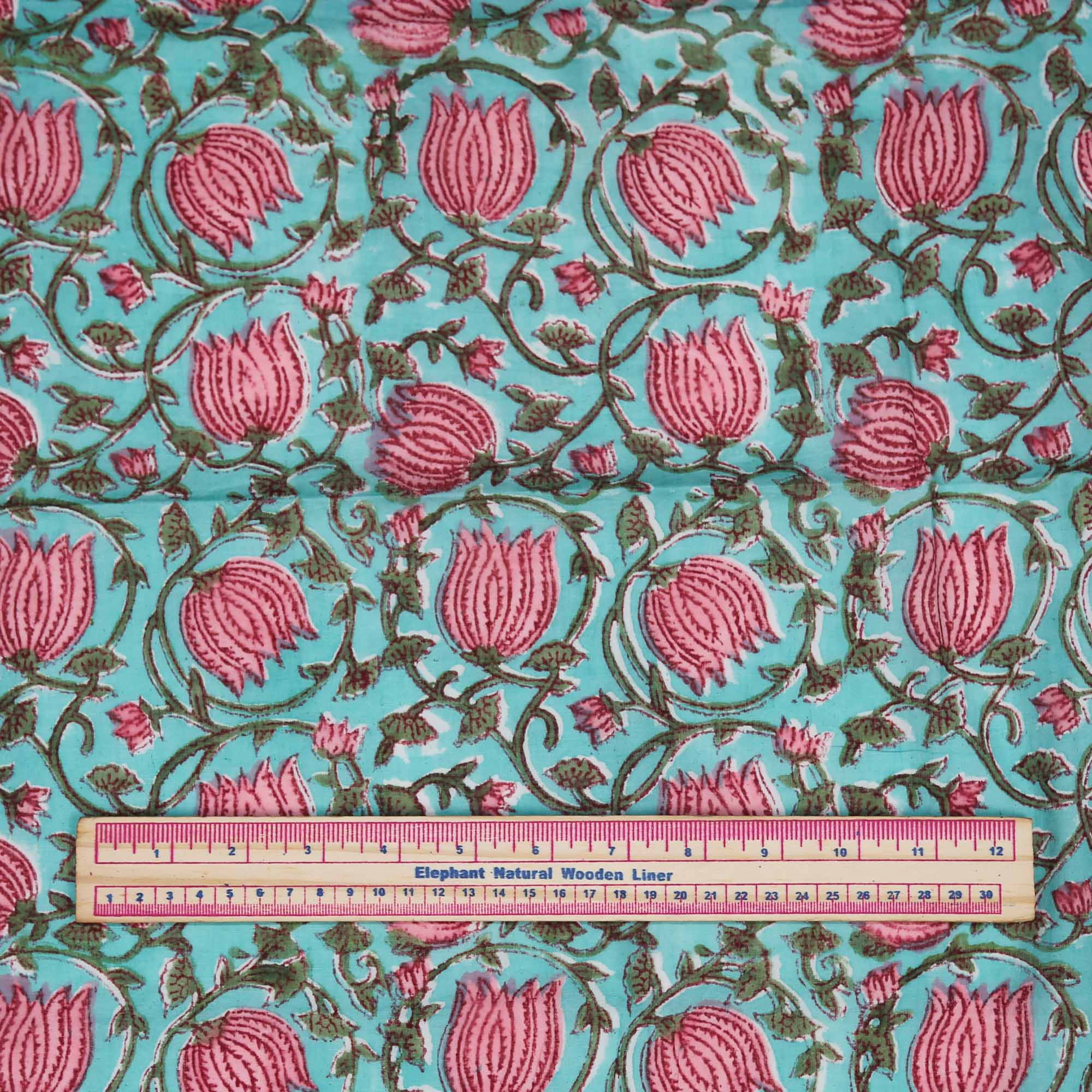 Block Print Fabric - Pink Bells On Teal ( Design 459) – Kantha Decor