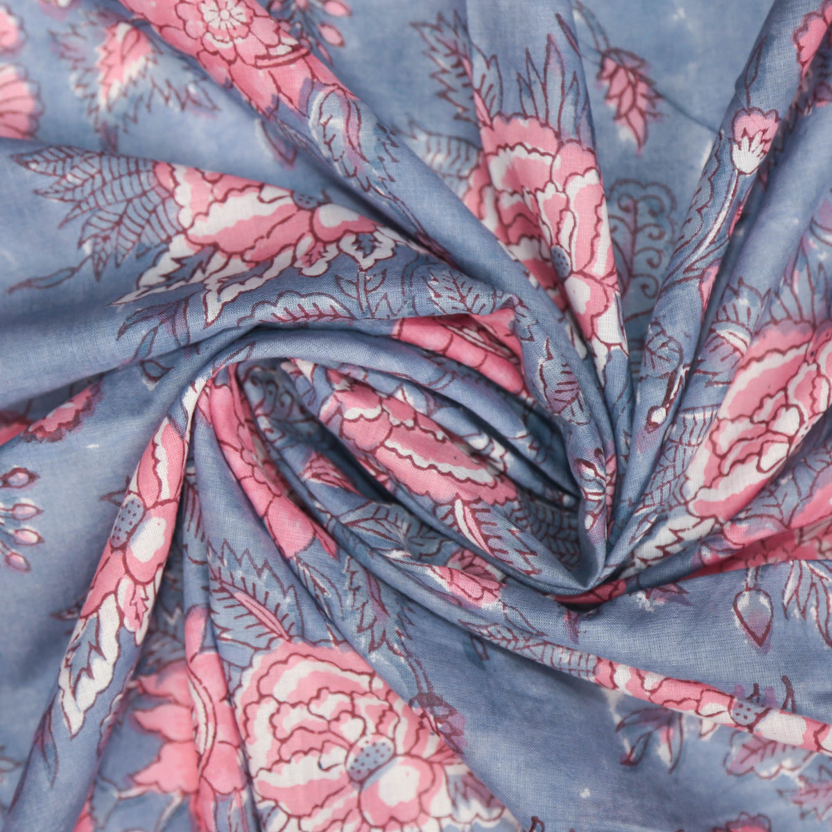 Block Print Fabric - Pink Flowers On Grey( Design 463)