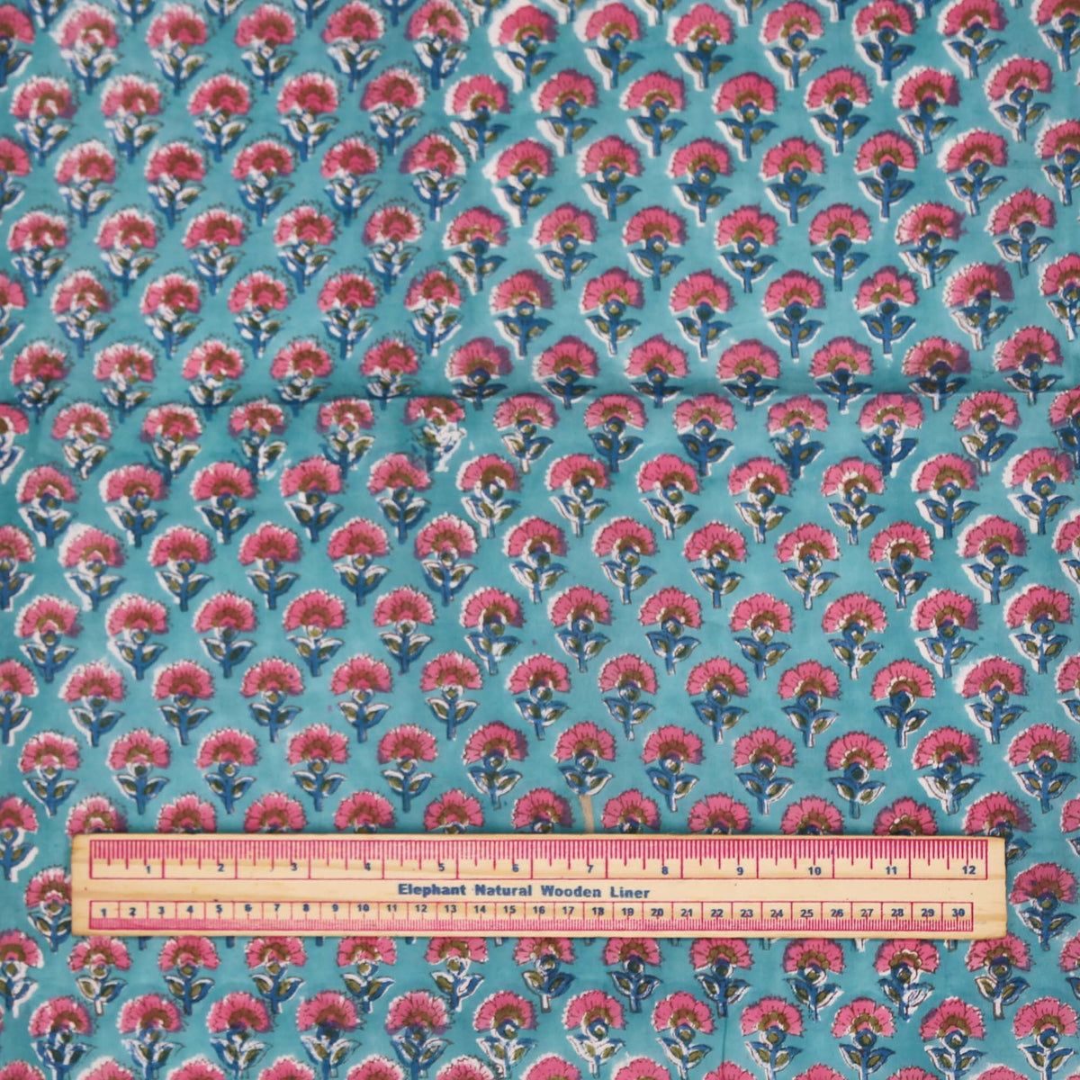 Block Print Fabric - Pink Small Flowers On Teal ( Design 465)