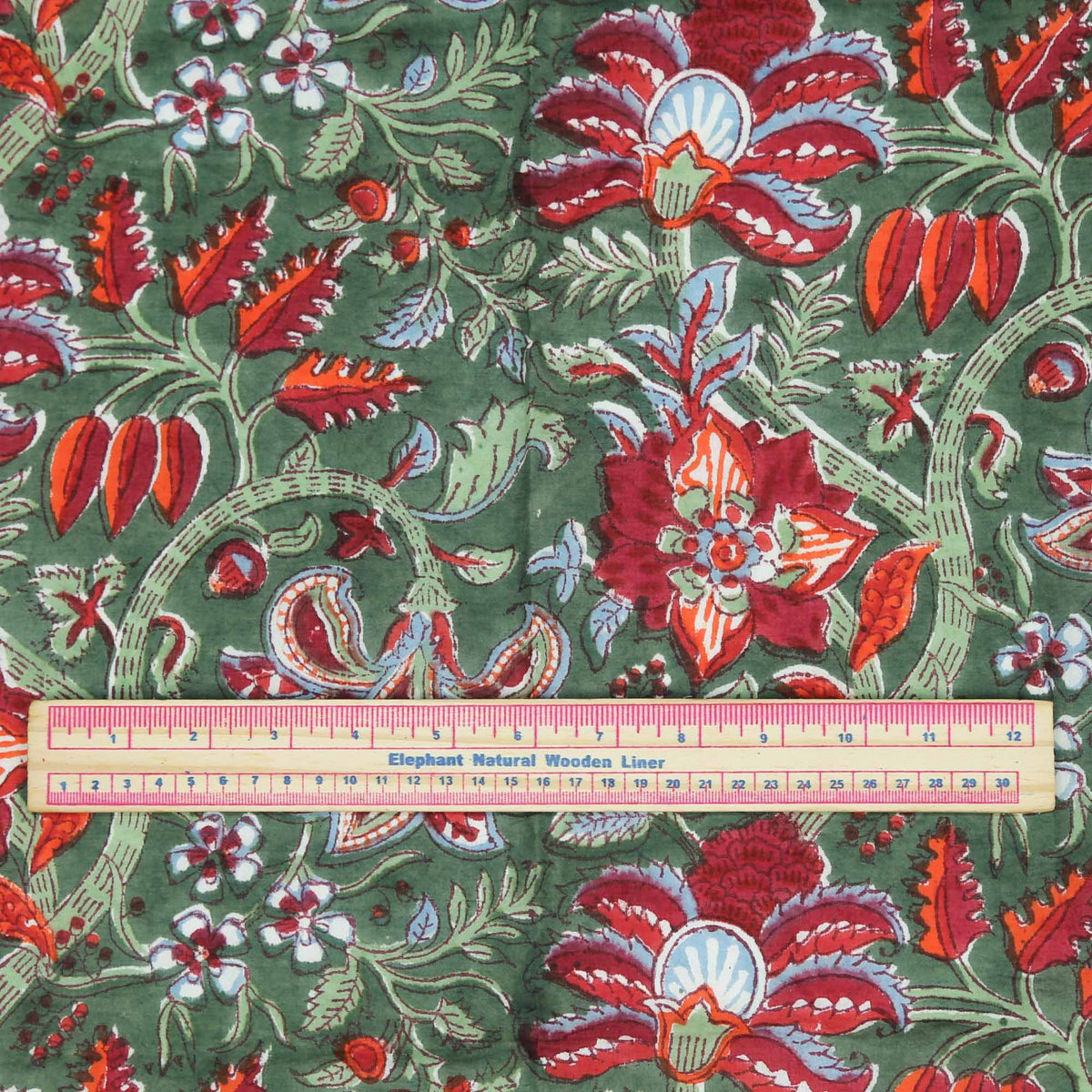 Block Print Fabric - Red Flowers On Green( Design 466)