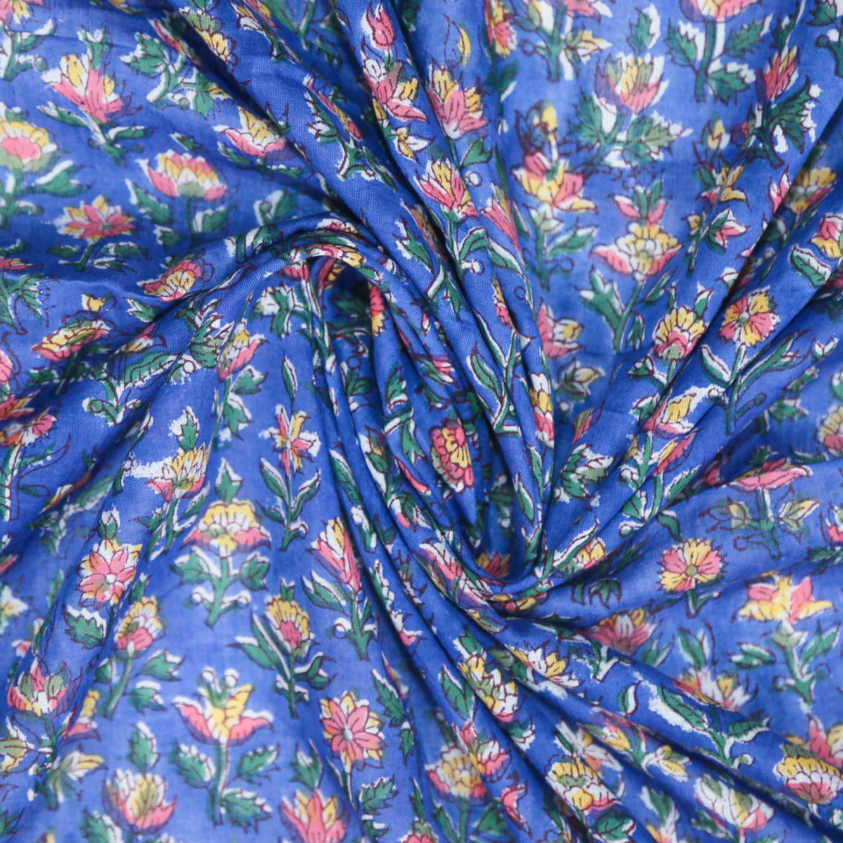 Block Print Fabric - Small Flowers On Blue( Design 467)