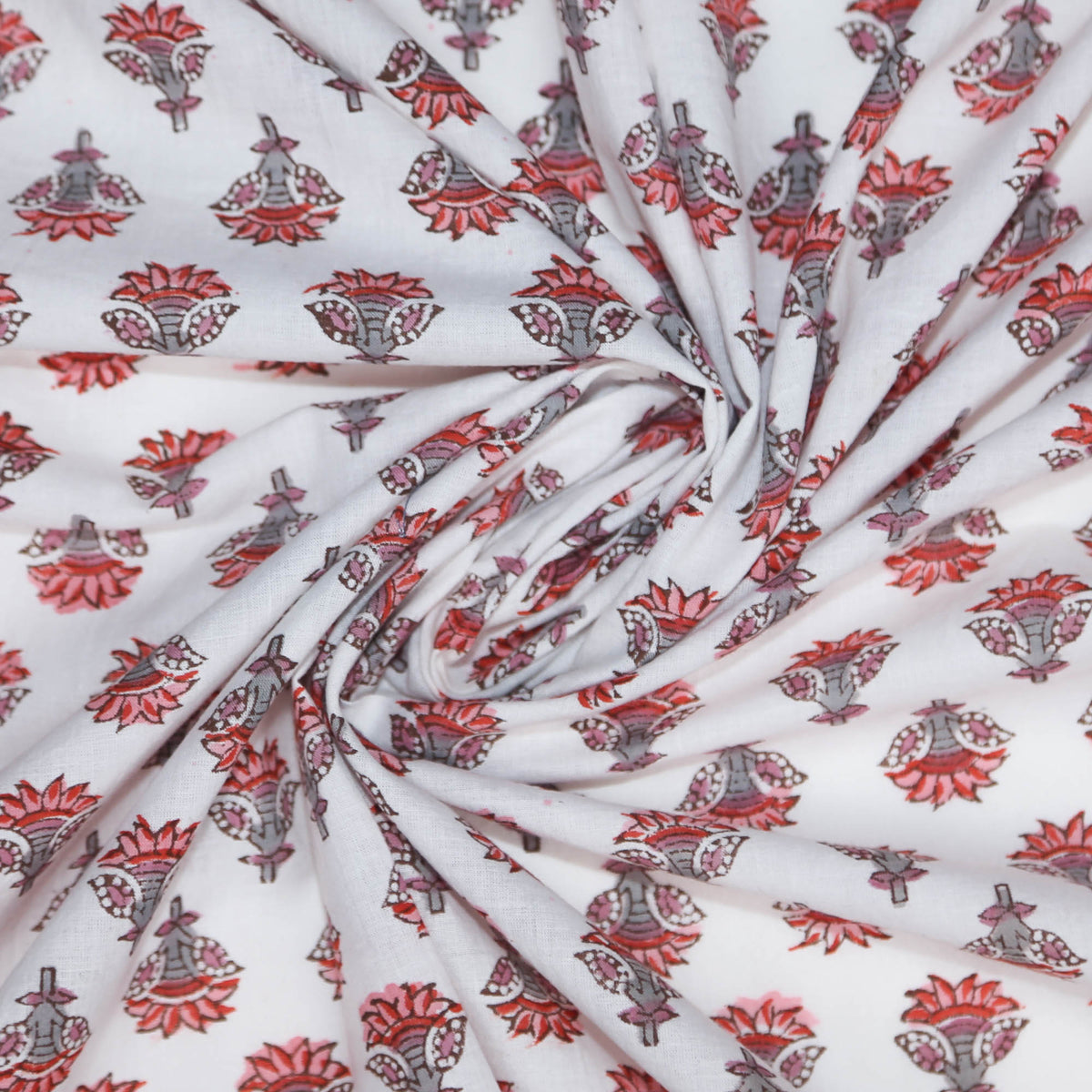 Block Print Fabric - Maroon Small  Floral On White( Design 469)