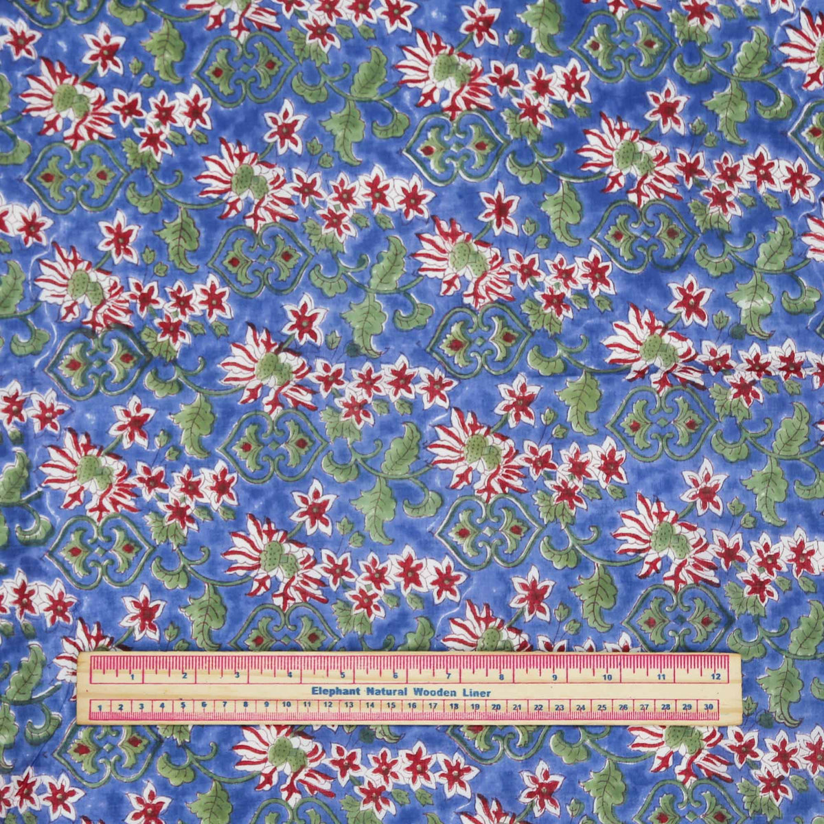 Block Print Fabric - Red Small Flowers On Blue( Design 471)