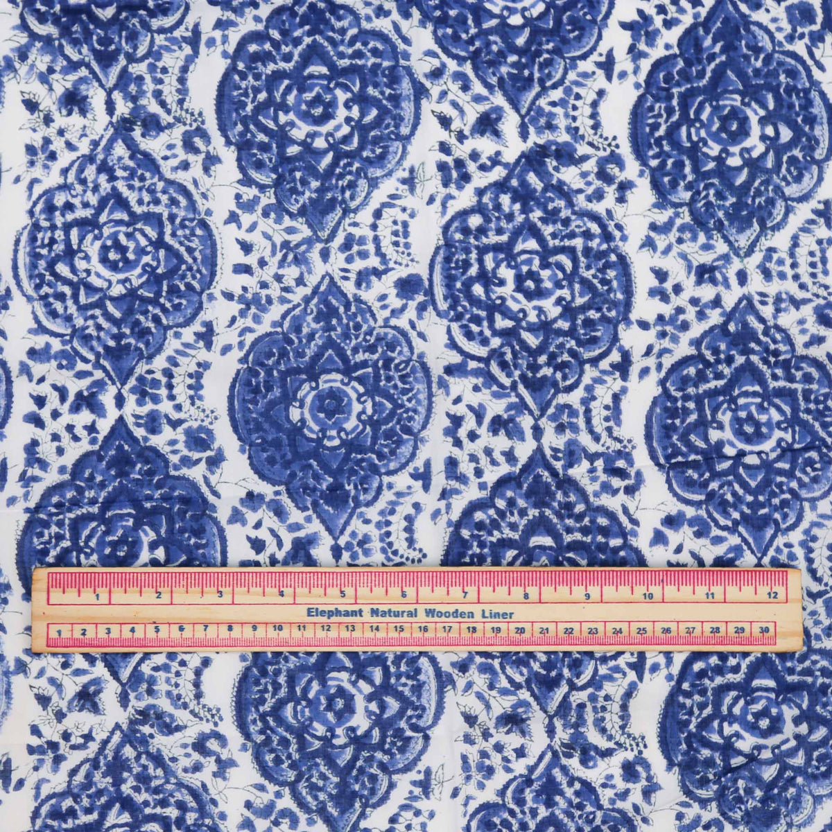 Block Print Fabric - Blue Motifs On White( Design 473)